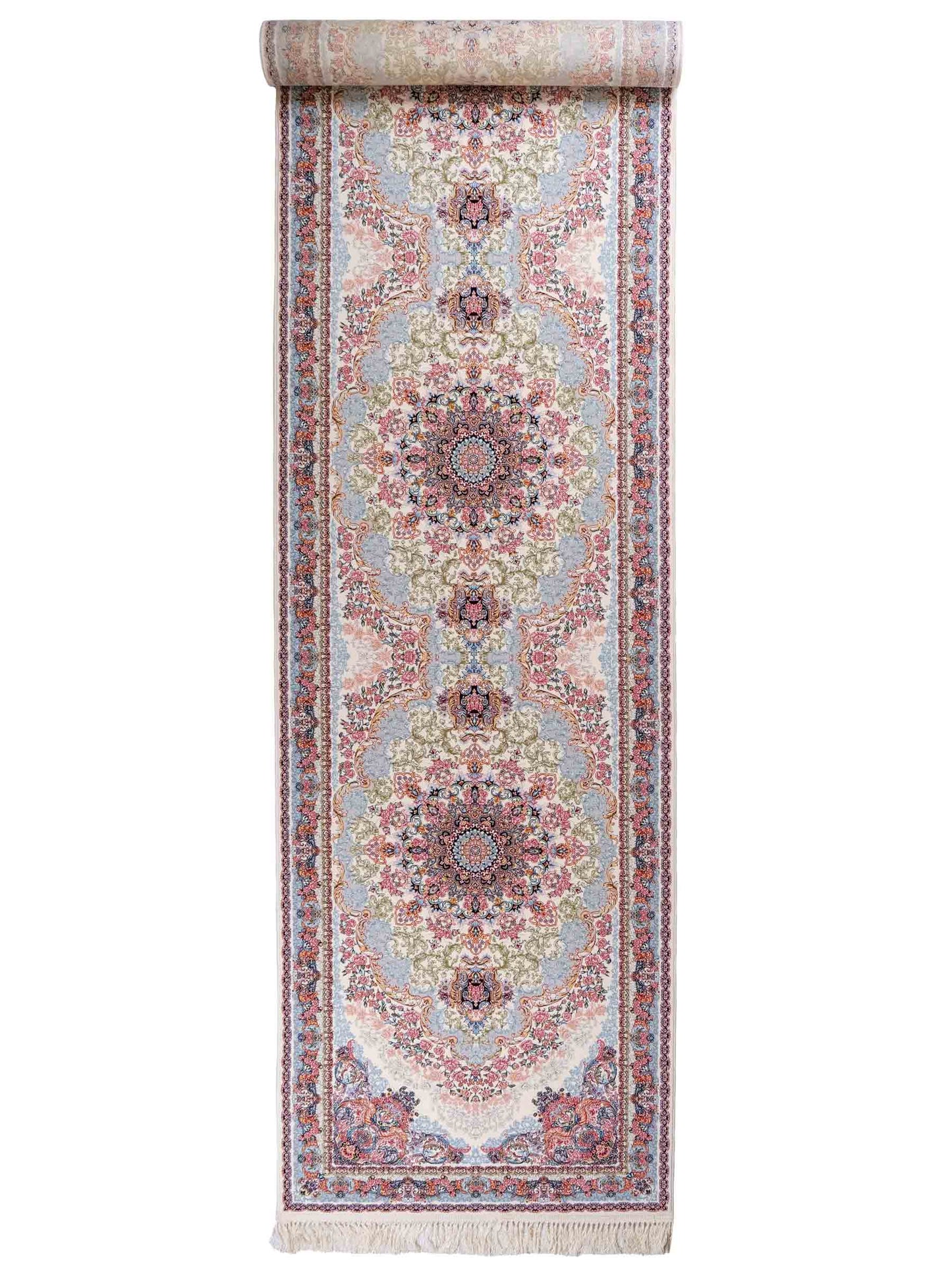 Persischer Läufer-Maschinenteppich von Khademi aus Acryl, creme, Täbriz-Medaillon-Design, Größe: 400 x 100 cm. Made in Iran. Teppichnummer: KB4-1836. Verkauf durch Jupiter Intl.