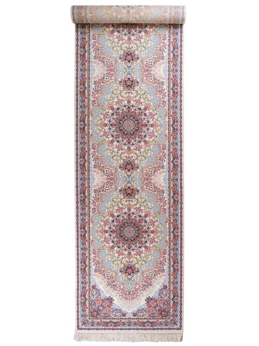 Persischer Läufer-Maschinenteppich von Khademi aus Acryl, creme, Täbriz-Medaillon-Design, Größe: 400 x 100 cm. Made in Iran. Teppichnummer: KB4-1836. Verkauf durch Jupiter Intl.