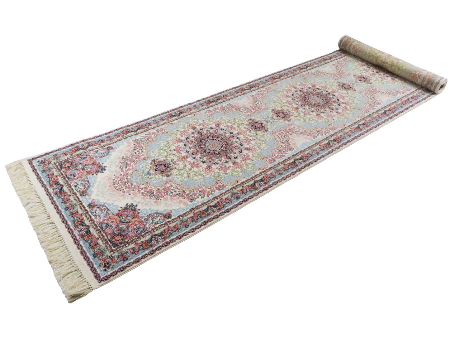 Persischer Läufer-Maschinenteppich von Khademi aus Acryl, creme, Täbriz-Medaillon-Design, Größe: 400 x 100 cm. Made in Iran. Teppichnummer: KB4-1836. Verkauf durch Jupiter Intl.