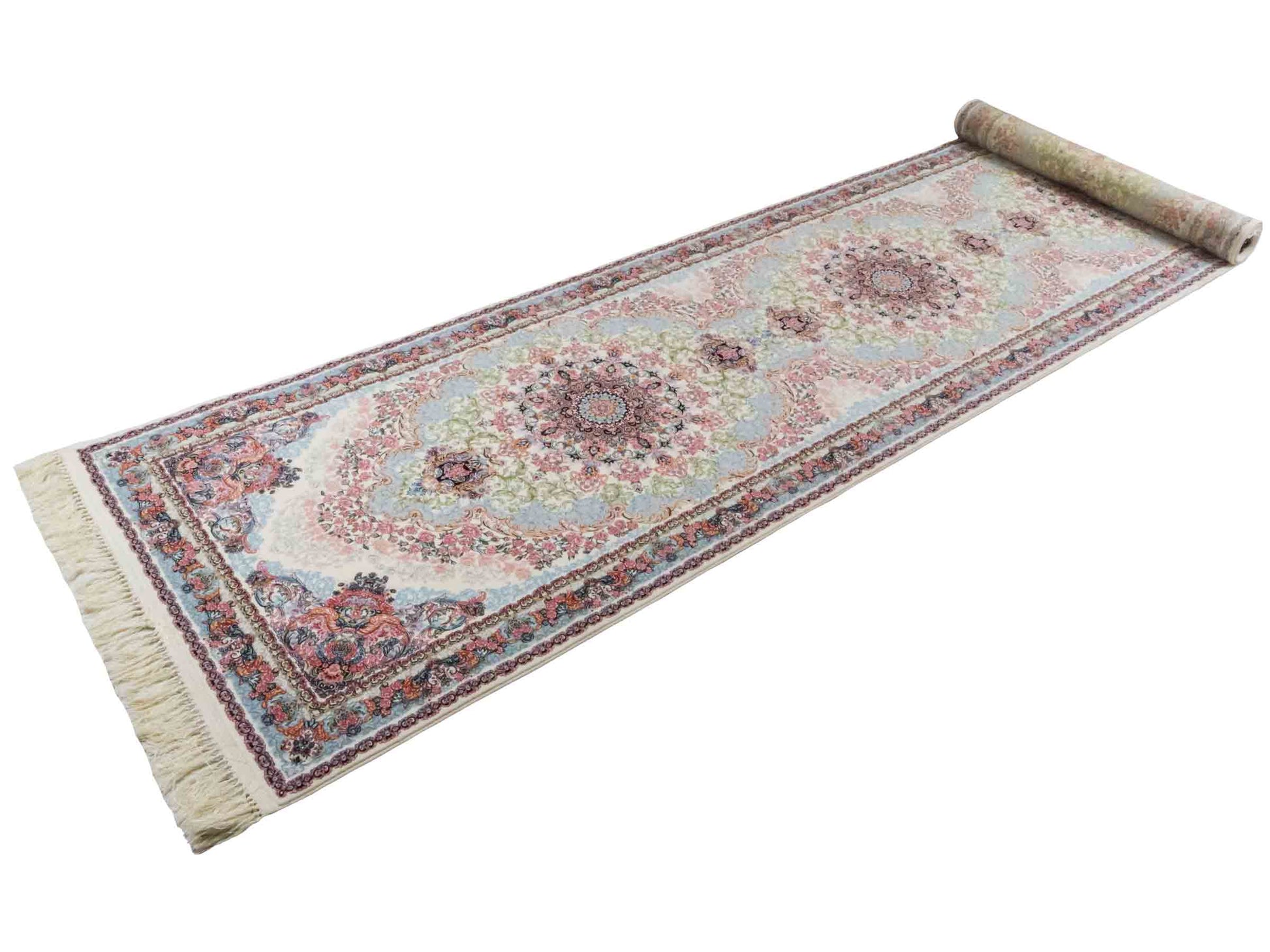 Persischer Läufer-Maschinenteppich von Khademi aus Acryl, creme, Täbriz-Medaillon-Design, Größe: 400 x 100 cm. Made in Iran. Teppichnummer: KB4-1836. Verkauf durch Jupiter Intl.