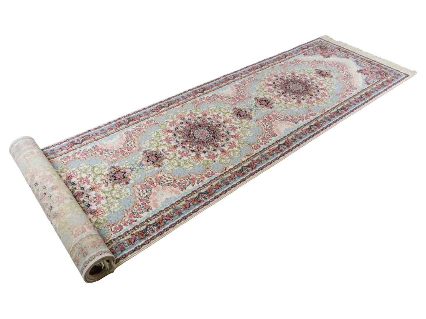 Persischer Läufer-Maschinenteppich von Khademi aus Acryl, creme, Täbriz-Medaillon-Design, Größe: 400 x 100 cm. Made in Iran. Teppichnummer: KB4-1836. Verkauf durch Jupiter Intl.