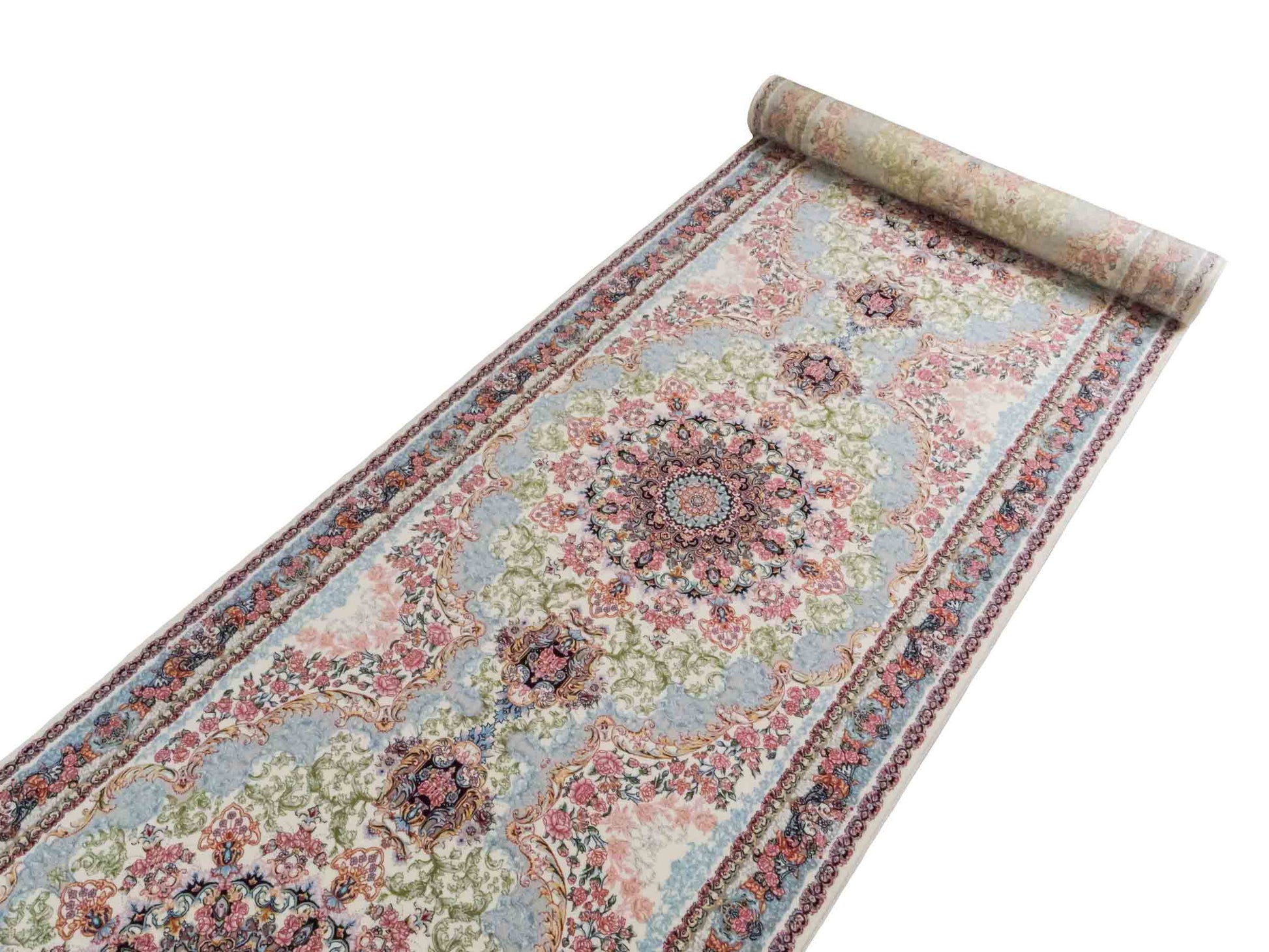 Persischer Läufer-Maschinenteppich von Khademi aus Acryl, creme, Täbriz-Medaillon-Design, Größe: 400 x 100 cm. Made in Iran. Teppichnummer: KB4-1836. Verkauf durch Jupiter Intl.
