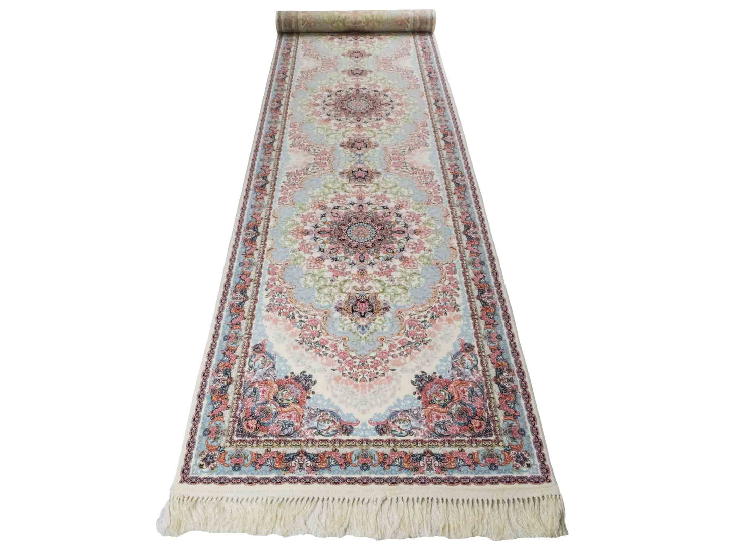 Persischer Läufer-Maschinenteppich von Khademi aus Acryl, creme, Täbriz-Medaillon-Design, Größe: 400 x 100 cm. Made in Iran. Teppichnummer: KB4-1836. Verkauf durch Jupiter Intl.