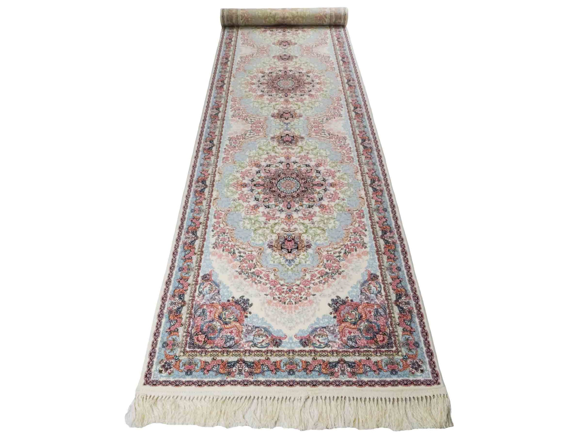 Persischer Läufer-Maschinenteppich von Khademi aus Acryl, creme, Täbriz-Medaillon-Design, Größe: 400 x 100 cm. Made in Iran. Teppichnummer: KB4-1836. Verkauf durch Jupiter Intl.