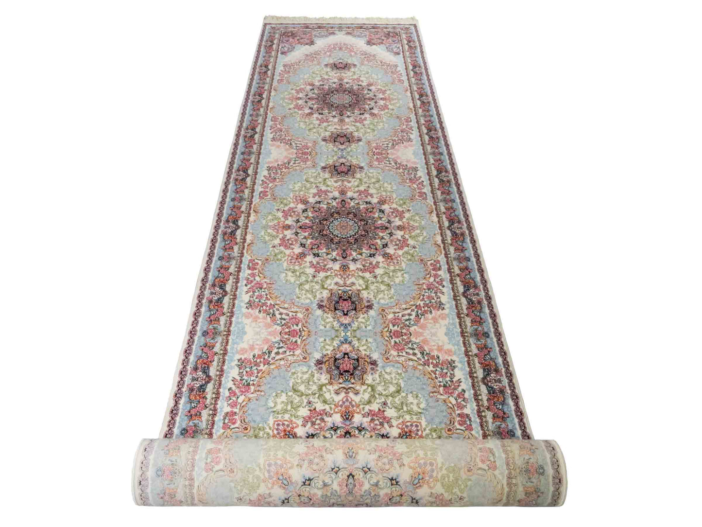 Persischer Läufer-Maschinenteppich von Khademi aus Acryl, creme, Täbriz-Medaillon-Design, Größe: 400 x 100 cm. Made in Iran. Teppichnummer: KB4-1836. Verkauf durch Jupiter Intl.