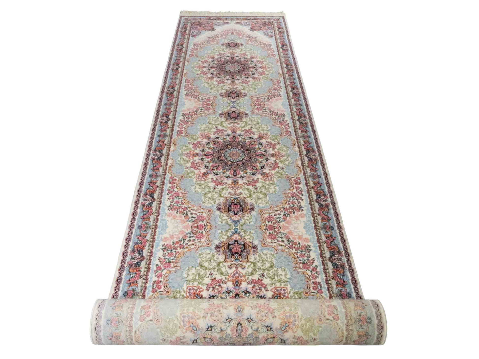 Persischer Läufer-Maschinenteppich von Khademi aus Acryl, creme, Täbriz-Medaillon-Design, Größe: 400 x 100 cm. Made in Iran. Teppichnummer: KB4-1836. Verkauf durch Jupiter Intl.