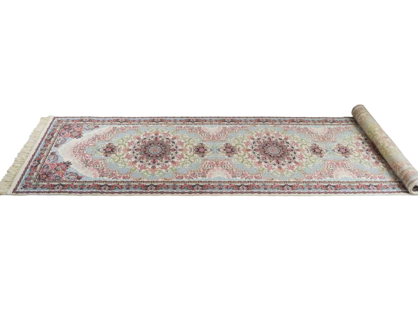 Persischer Läufer-Maschinenteppich von Khademi aus Acryl, creme, Täbriz-Medaillon-Design, Größe: 400 x 100 cm. Made in Iran. Teppichnummer: KB4-1836. Verkauf durch Jupiter Intl.