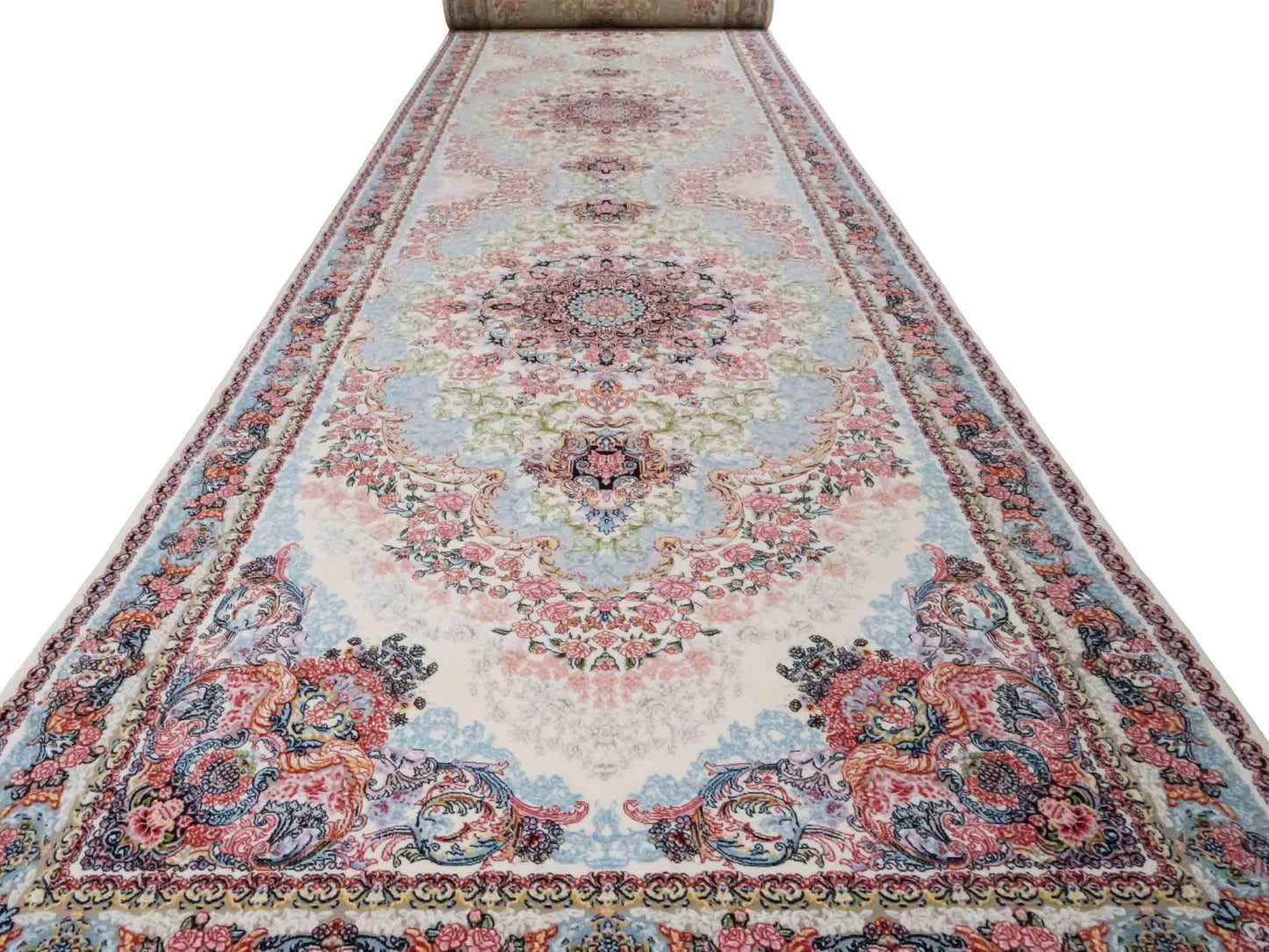 Persischer Läufer-Maschinenteppich von Khademi aus Acryl, creme, Täbriz-Medaillon-Design, Größe: 400 x 100 cm. Made in Iran. Teppichnummer: KB4-1836. Verkauf durch Jupiter Intl.