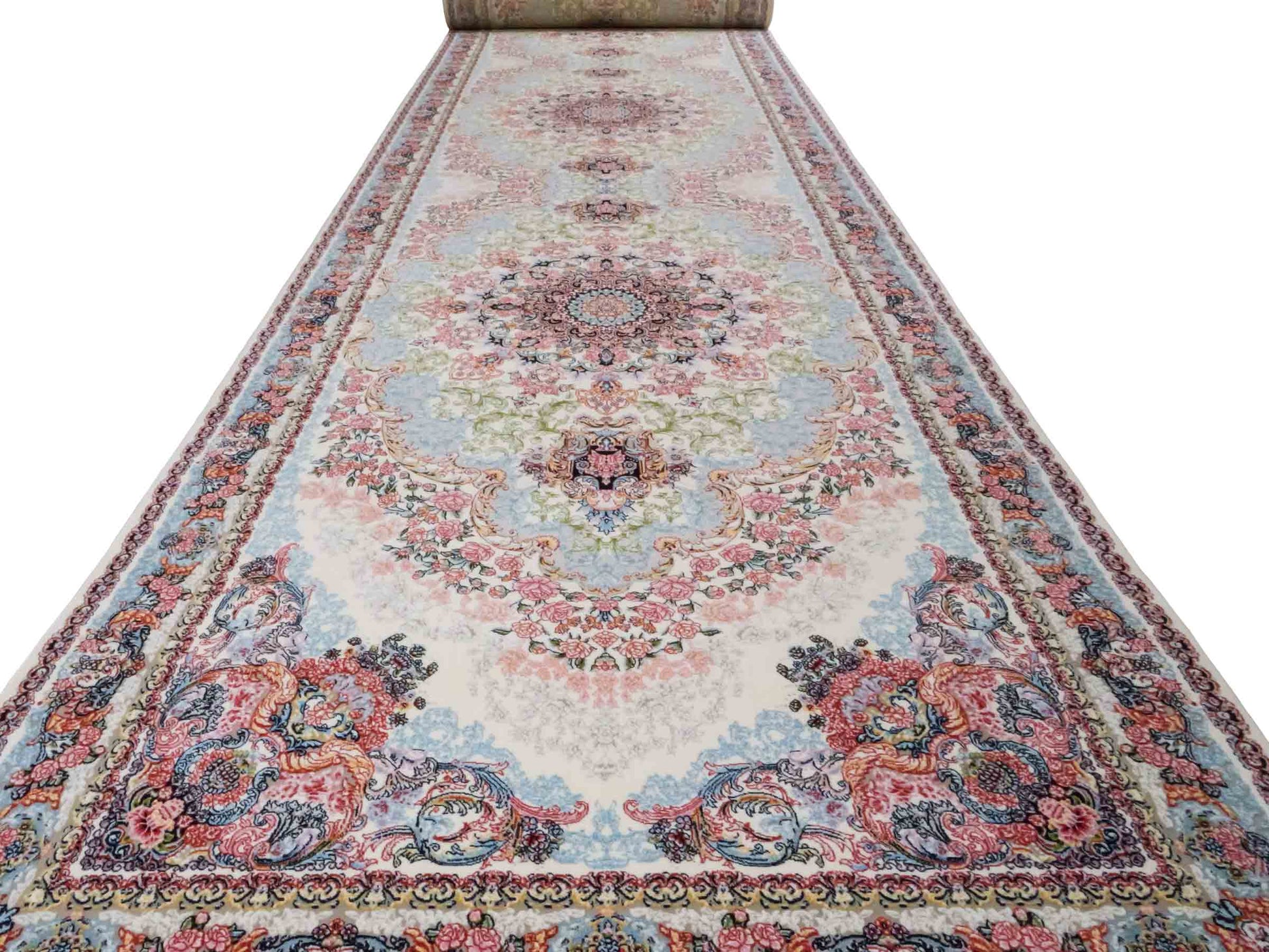 Persischer Läufer-Maschinenteppich von Khademi aus Acryl, creme, Täbriz-Medaillon-Design, Größe: 400 x 100 cm. Made in Iran. Teppichnummer: KB4-1836. Verkauf durch Jupiter Intl.