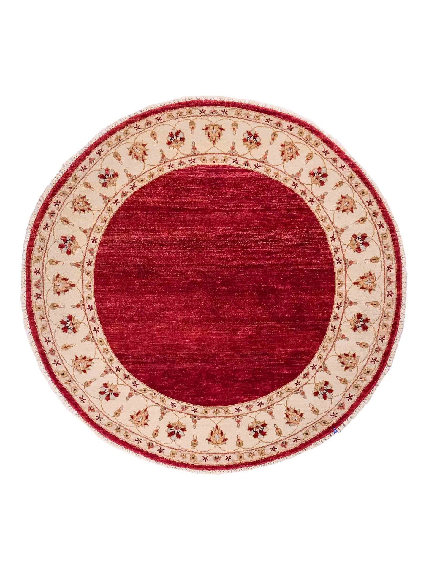 Runder, handgeknüpfter Ziegler Farahan Orientteppich von Khademi aus Wolle, rot, beige. Klassisch-traditionell von Hand geknüpft in Afghanistan. Größe: 150 cm x 150 cm. Teppichnummer: SB3-1135 | Jupiter Intl.