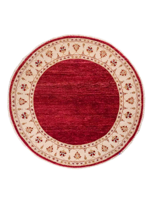 Runder, handgeknüpfter Ziegler Farahan Orientteppich von Khademi aus Wolle, rot, beige. Klassisch-traditionell von Hand geknüpft in Afghanistan. Größe: 150 cm x 150 cm. Teppichnummer: SB3-1135 | Jupiter Intl.