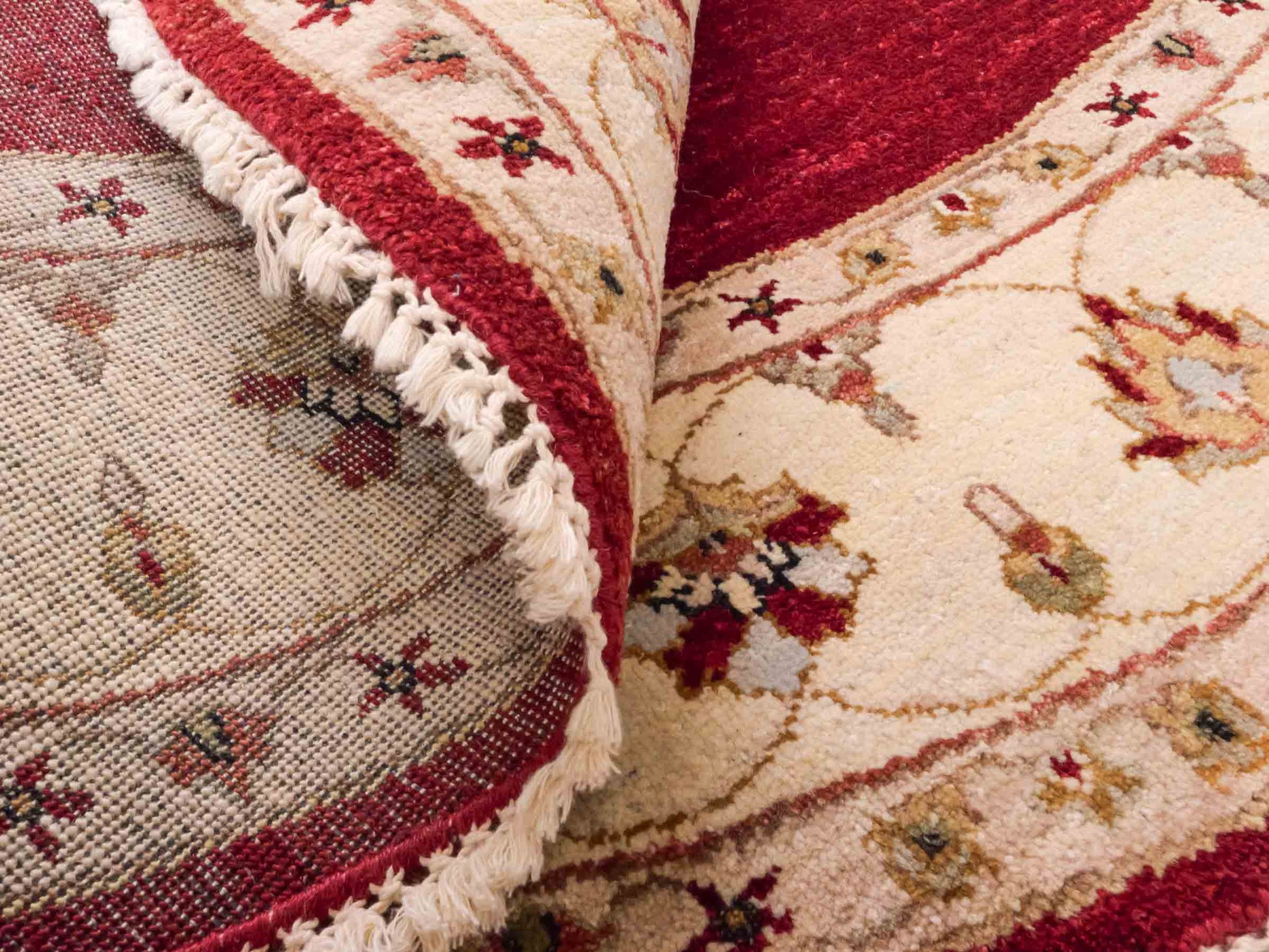 Runder, handgeknüpfter Ziegler Farahan Orientteppich von Khademi aus Wolle, rot, beige. Klassisch-traditionell von Hand geknüpft in Afghanistan. Größe: 150 cm x 150 cm. Teppichnummer: SB3-1135 | Jupiter Intl.
