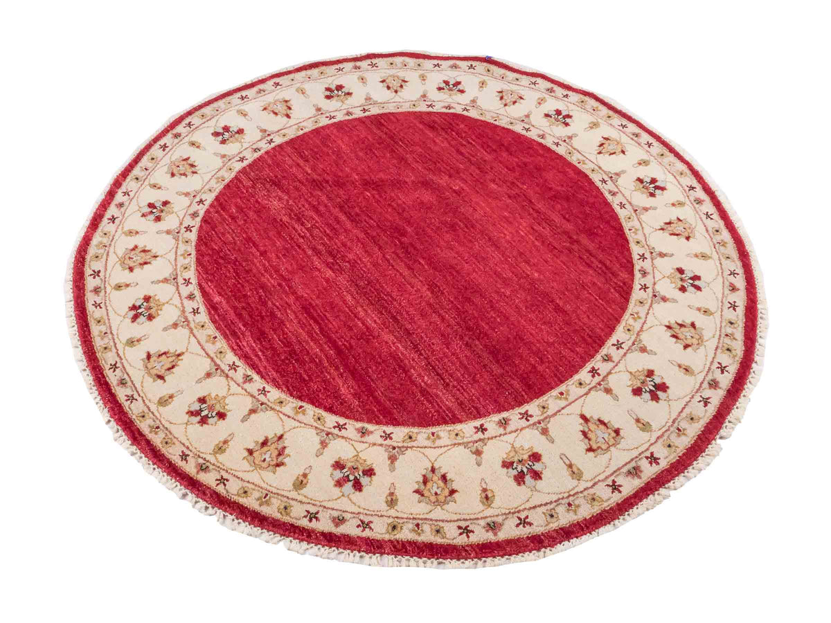 Runder, handgeknüpfter Ziegler Farahan Orientteppich von Khademi aus Wolle, rot, beige. Klassisch-traditionell von Hand geknüpft in Afghanistan. Größe: 150 cm x 150 cm. Teppichnummer: SB3-1135 | Jupiter Intl.
