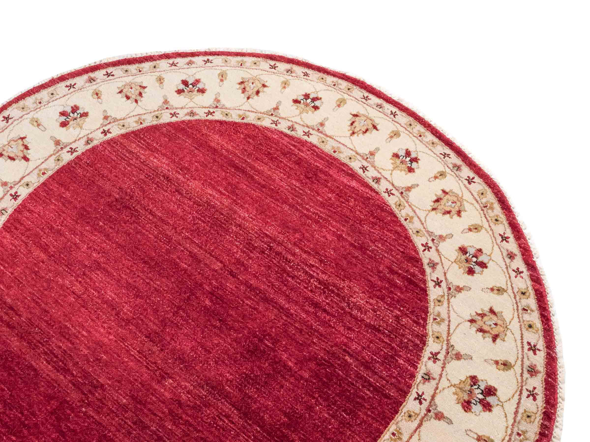 Runder, handgeknüpfter Ziegler Farahan Orientteppich von Khademi aus Wolle, rot, beige. Klassisch-traditionell von Hand geknüpft in Afghanistan. Größe: 150 cm x 150 cm. Teppichnummer: SB3-1135 | Jupiter Intl.
