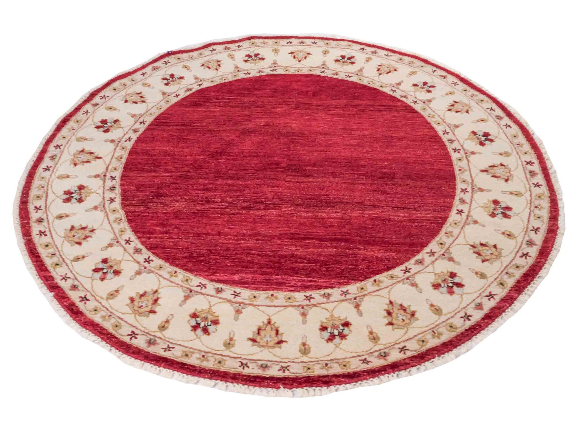 Runder, handgeknüpfter Ziegler Farahan Orientteppich von Khademi aus Wolle, rot, beige. Klassisch-traditionell von Hand geknüpft in Afghanistan. Größe: 150 cm x 150 cm. Teppichnummer: SB3-1135 | Jupiter Intl.