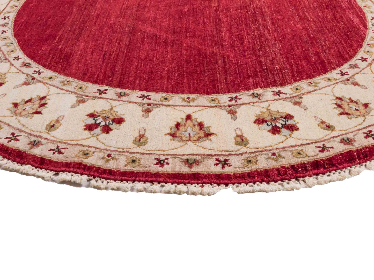 Runder, handgeknüpfter Ziegler Farahan Orientteppich von Khademi aus Wolle, rot, beige. Klassisch-traditionell von Hand geknüpft in Afghanistan. Größe: 150 cm x 150 cm. Teppichnummer: SB3-1135 | Jupiter Intl.