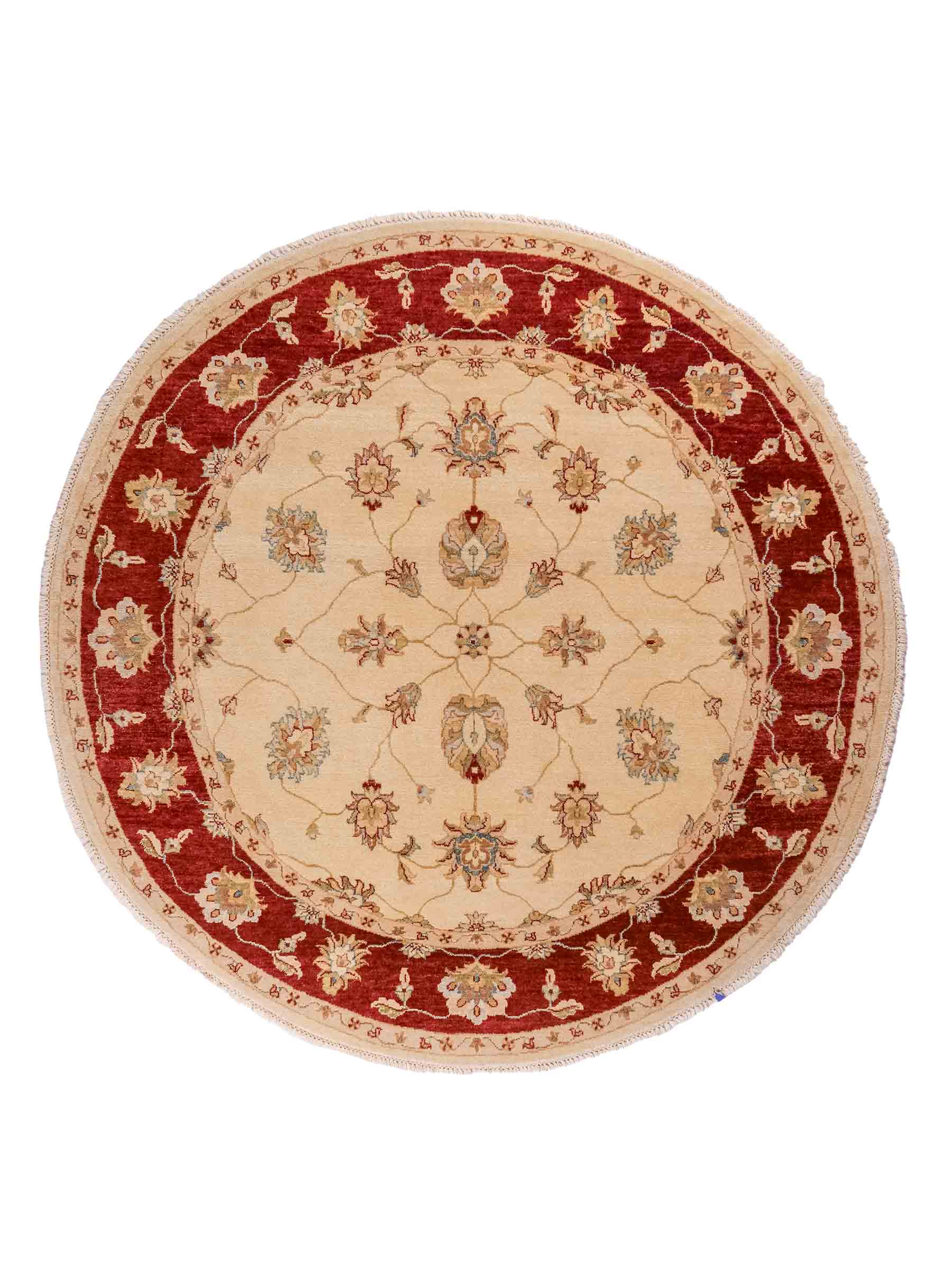 Runder, handgeknüpfter Ziegler Farahan Orientteppich von Khademi aus Wolle, beige, gold, rot. Klassisches Allover-Design. Traditionell von Hand geknüpft in Afghanistan. Größe: 185 cm x 185 cm. Teppichnummer: SB3-1120 | Jupiter Intl.