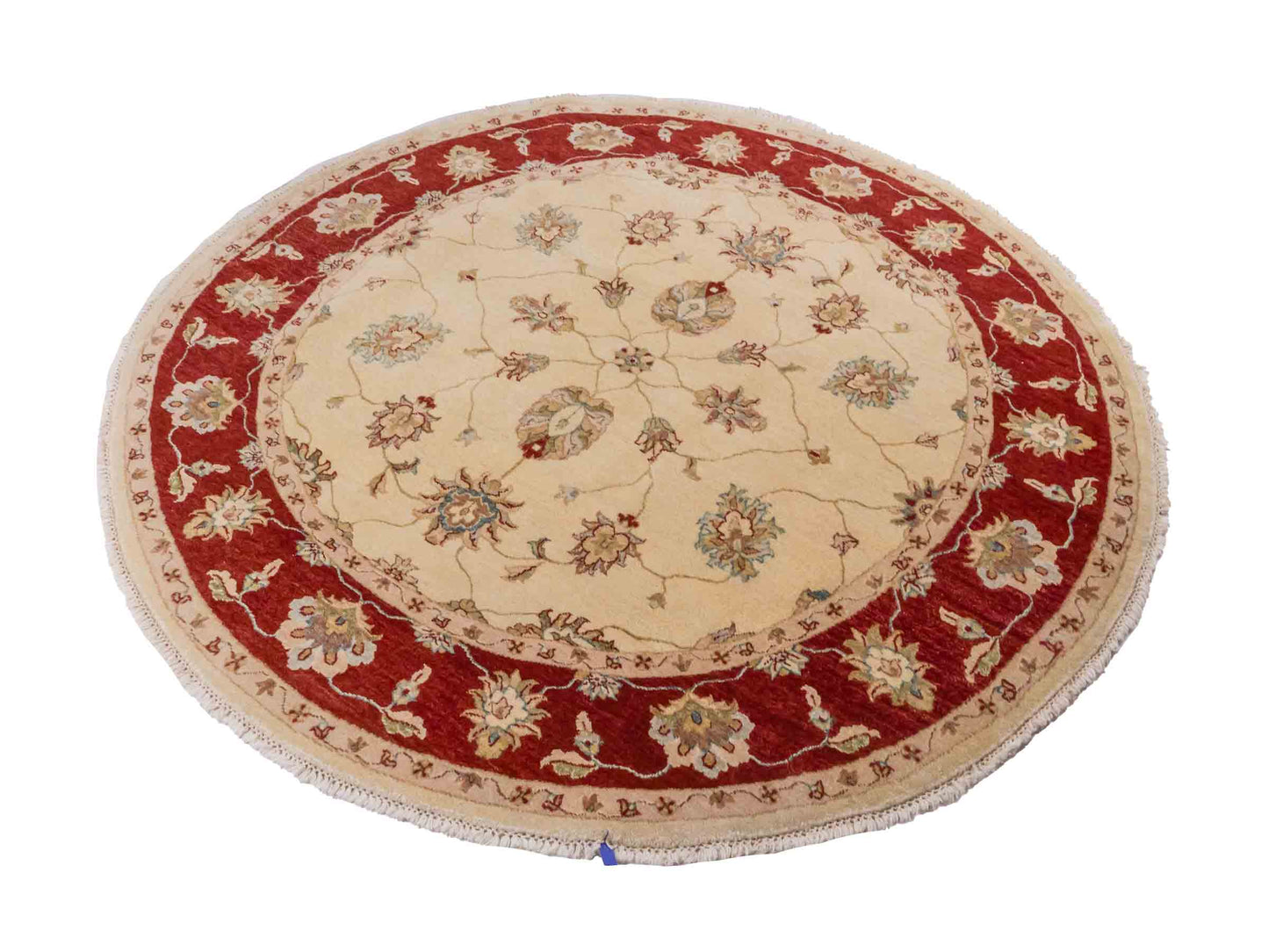 Runder, handgeknüpfter Ziegler Farahan Orientteppich von Khademi aus Wolle, beige, gold, rot. Klassisches Allover-Design. Traditionell von Hand geknüpft in Afghanistan. Größe: 185 cm x 185 cm. Teppichnummer: SB3-1120 | Jupiter Intl.