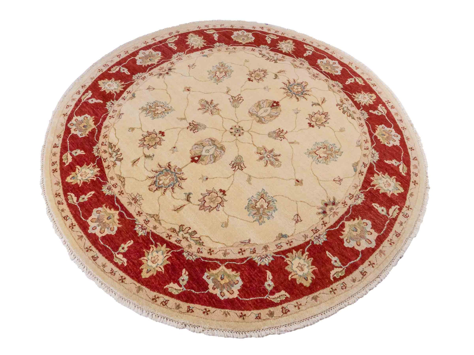 Runder, handgeknüpfter Ziegler Farahan Orientteppich von Khademi aus Wolle, beige, gold, rot. Klassisches Allover-Design. Traditionell von Hand geknüpft in Afghanistan. Größe: 185 cm x 185 cm. Teppichnummer: SB3-1120 | Jupiter Intl.