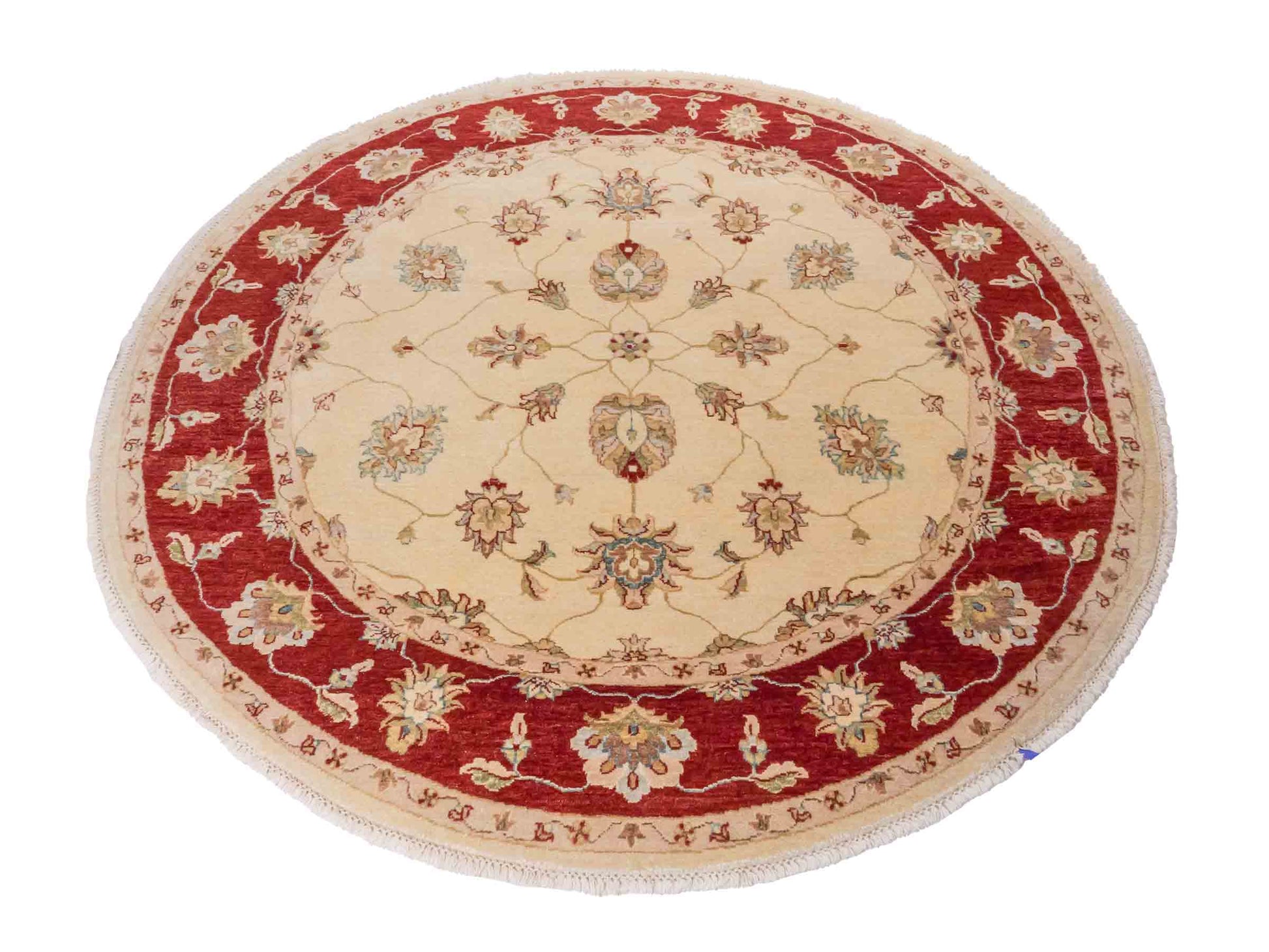 Runder, handgeknüpfter Ziegler Farahan Orientteppich von Khademi aus Wolle, beige, gold, rot. Klassisches Allover-Design. Traditionell von Hand geknüpft in Afghanistan. Größe: 185 cm x 185 cm. Teppichnummer: SB3-1120 | Jupiter Intl.