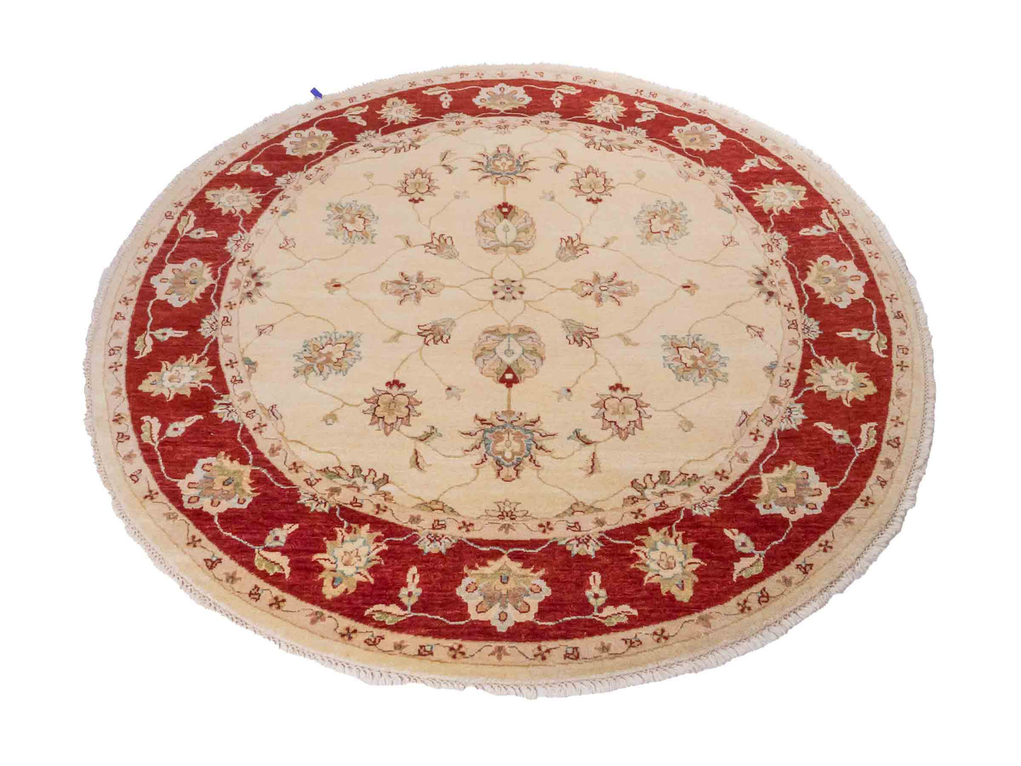 Runder, handgeknüpfter Ziegler Farahan Orientteppich von Khademi aus Wolle, beige, gold, rot. Klassisches Allover-Design. Traditionell von Hand geknüpft in Afghanistan. Größe: 185 cm x 185 cm. Teppichnummer: SB3-1120 | Jupiter Intl.