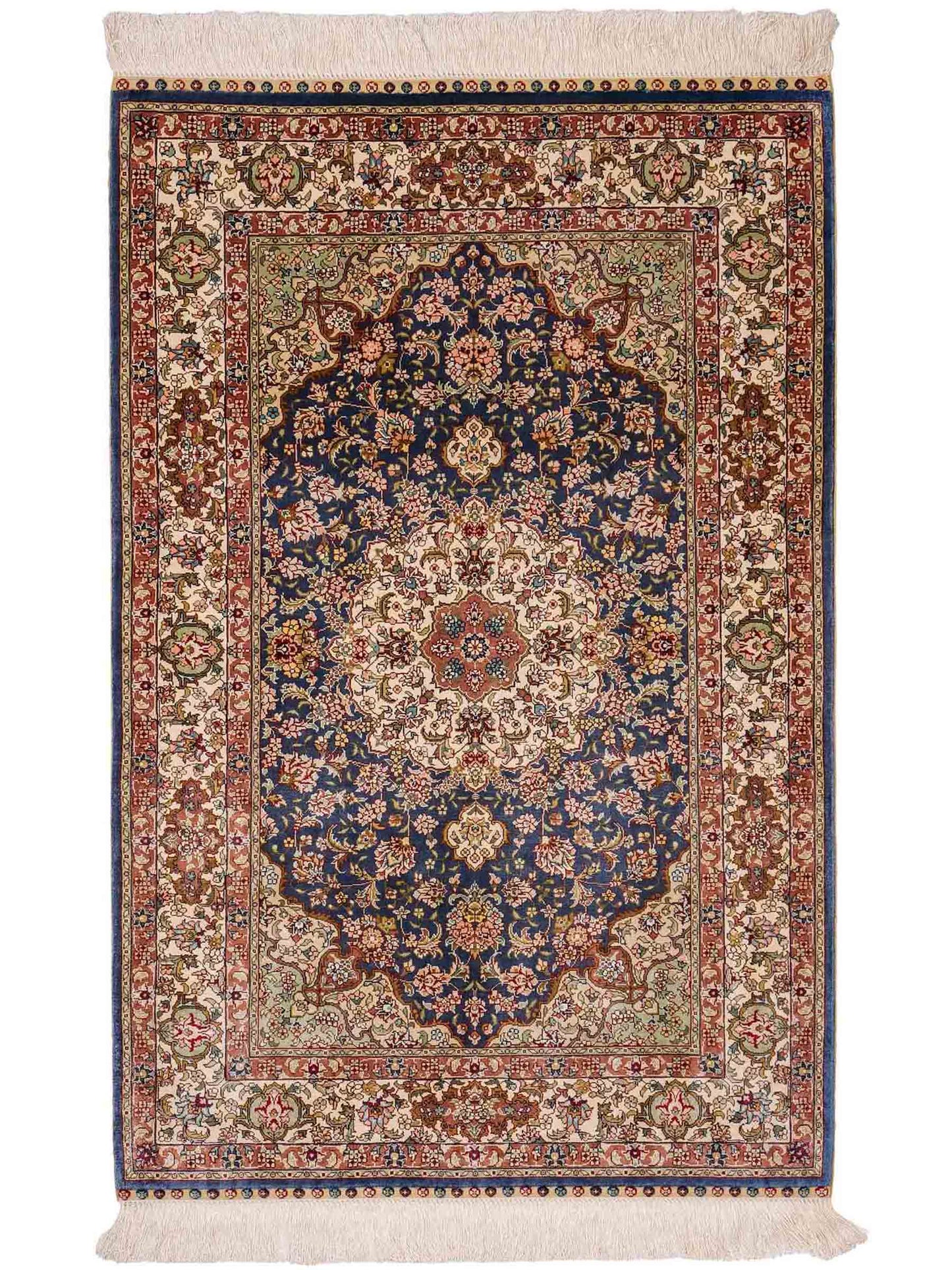 Sehr feiner, handgeknüpfter Khademi Orientteppich mit Ghom Design aus reiner Seide, blau, creme. 123x78 cm. Vertrieb durch Jupiter Intl.