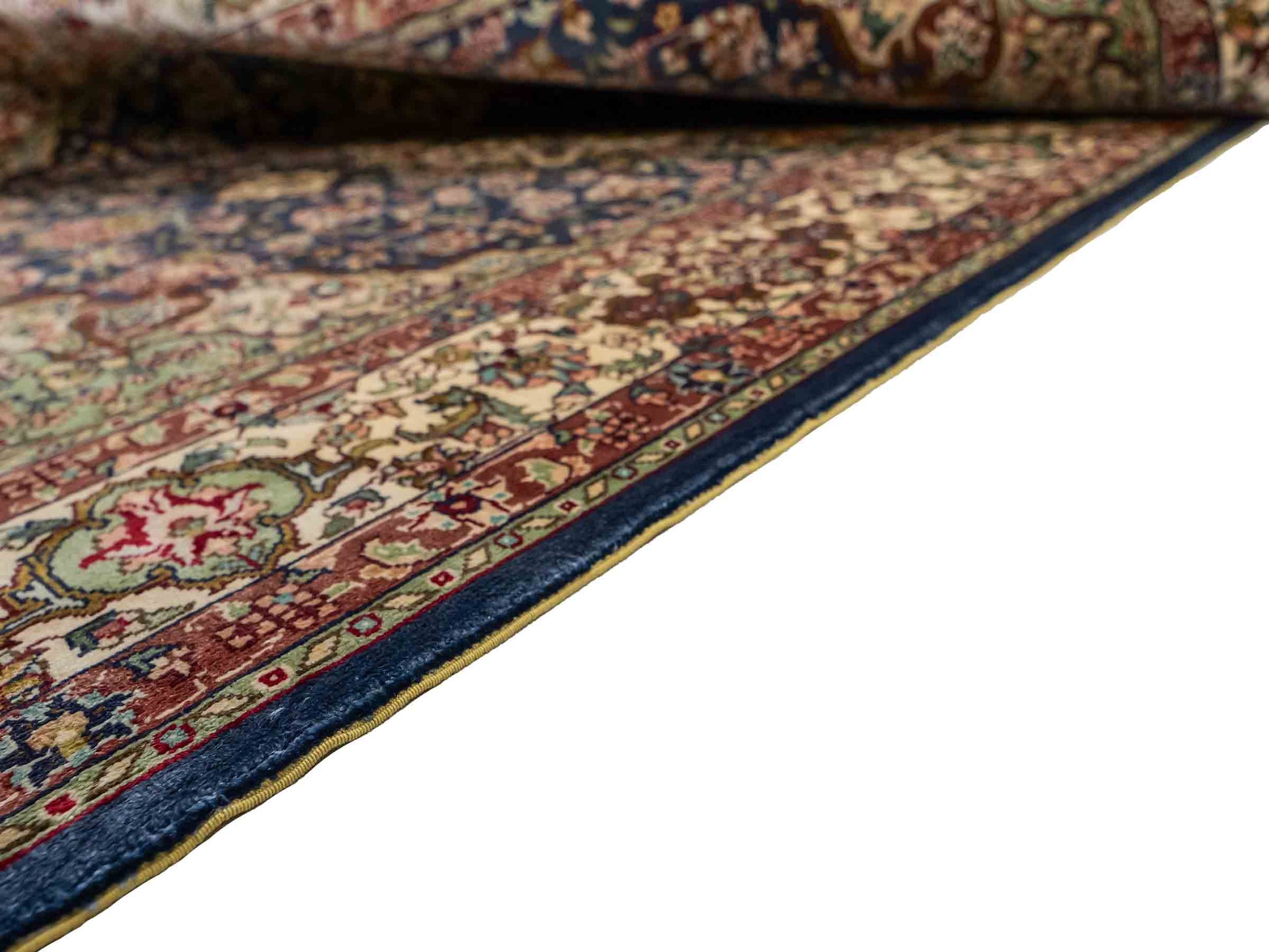 Sehr feiner, handgeknüpfter Khademi Orientteppich mit Ghom Design aus reiner Seide, blau, creme. 123x78 cm. Vertrieb durch Jupiter Intl.