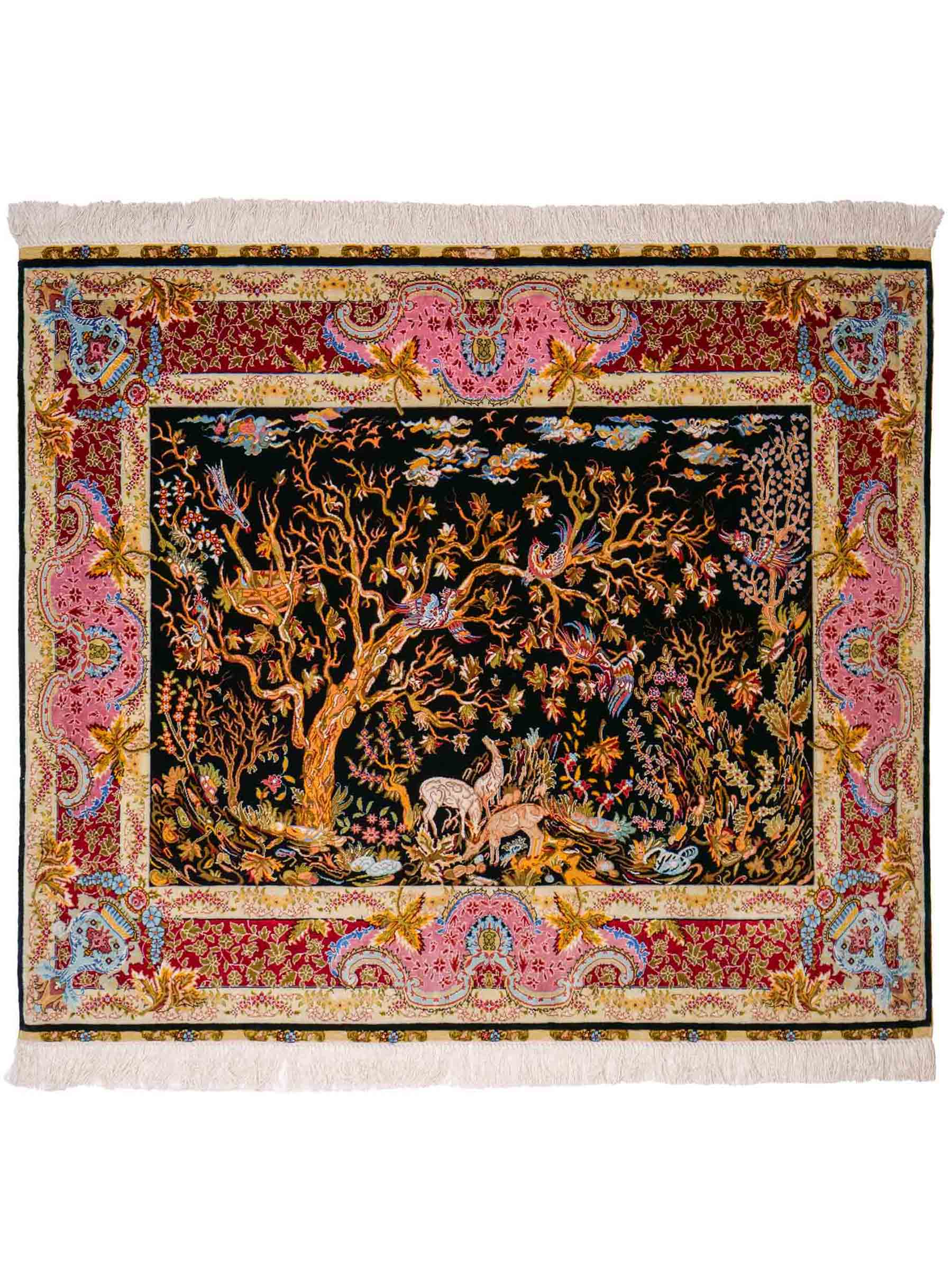 Sehr feiner, handgeknüpfter Khademi Ghom Orientteppich aus Seide, schwarz, rot, pink, blau. 124x110 cm. Vertrieb durch Jupiter Intl.
