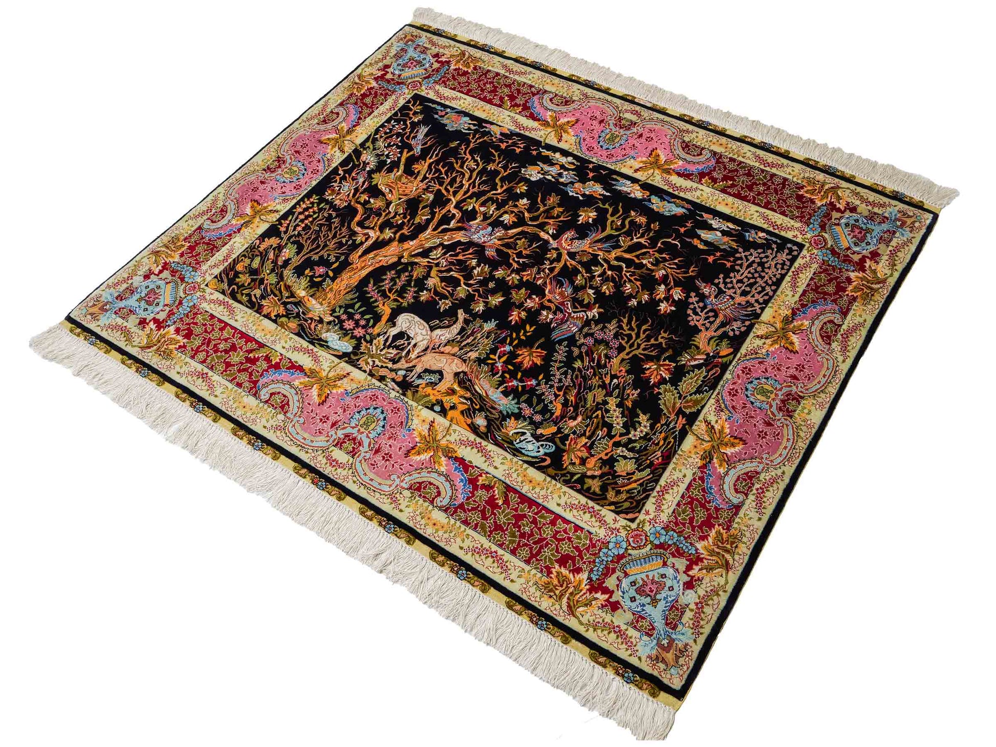 Sehr feiner, handgeknüpfter Khademi Ghom Orientteppich aus Seide, schwarz, rot, pink, blau. 124x110 cm. Vertrieb durch Jupiter Intl.