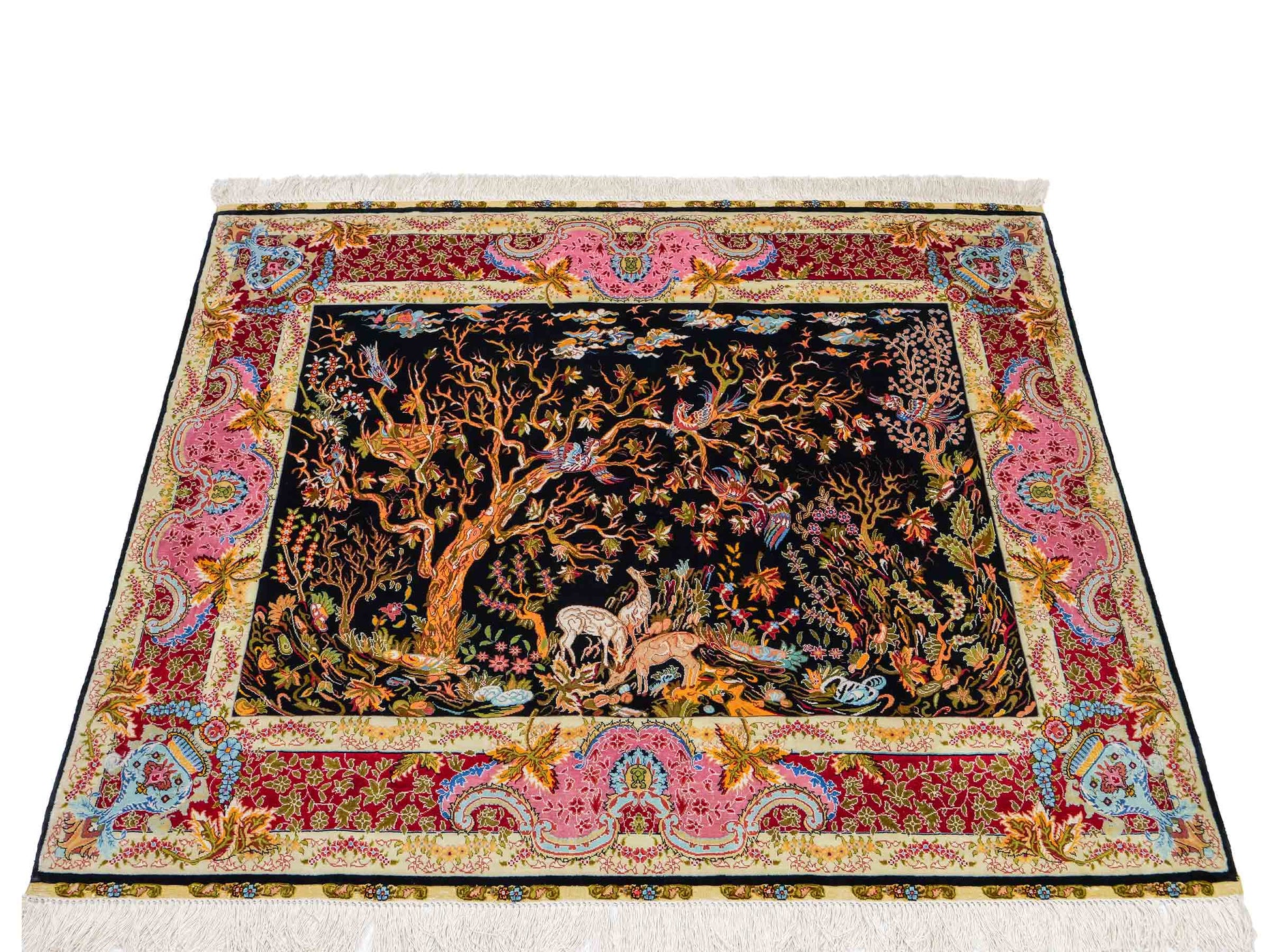 Sehr feiner, handgeknüpfter Khademi Ghom Orientteppich aus Seide, schwarz, rot, pink, blau. 124x110 cm. Vertrieb durch Jupiter Intl.