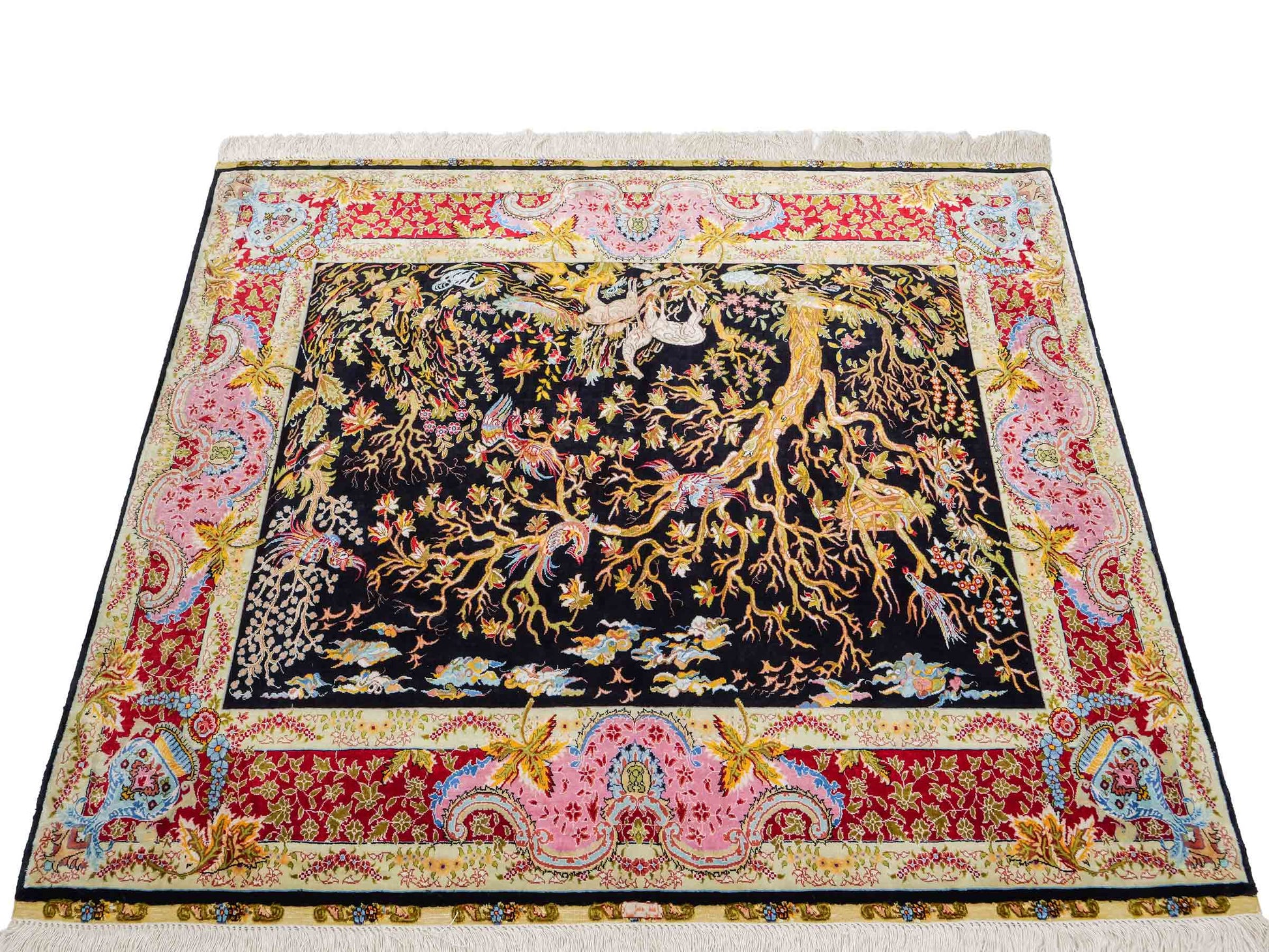 Sehr feiner, handgeknüpfter Khademi Ghom Orientteppich aus Seide, schwarz, rot, pink, blau. 124x110 cm. Vertrieb durch Jupiter Intl.
