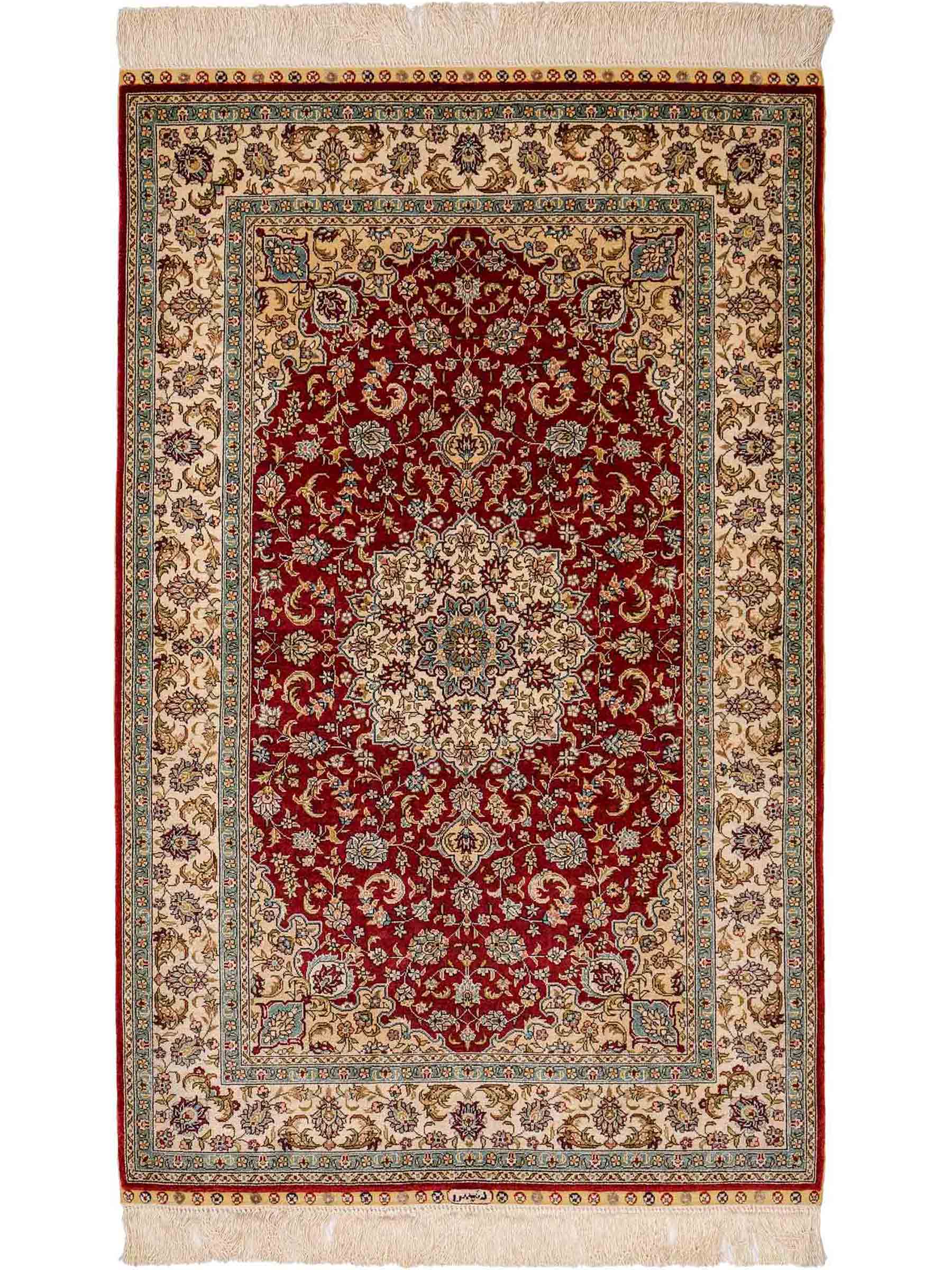 Sehr feiner, handgeknüpfter Khademi Orientteppich mit Ghom Design aus reiner Seide, rot, creme. 124x78 cm. Vertrieb durch Jupiter Intl.