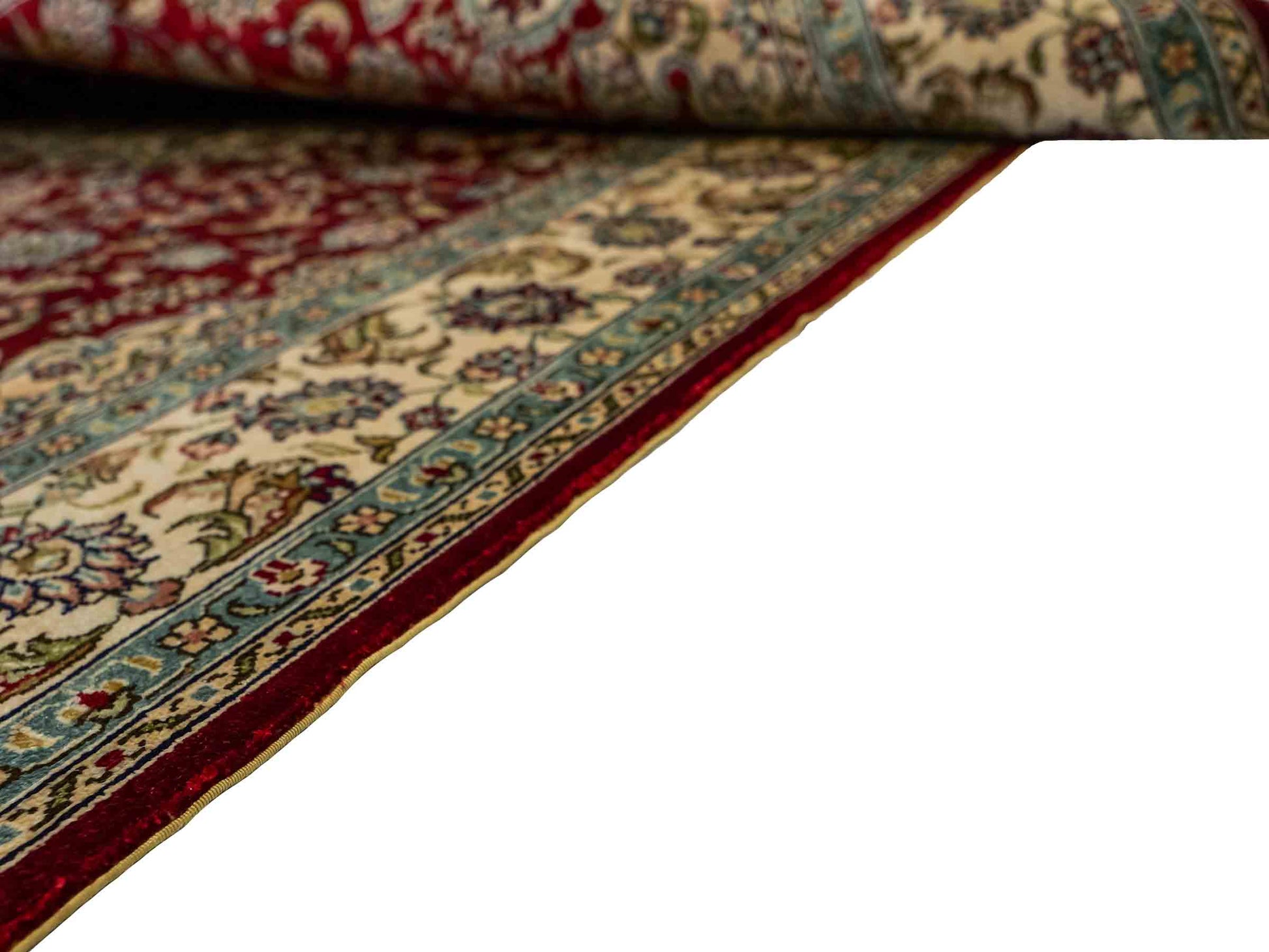 Sehr feiner, handgeknüpfter Khademi Orientteppich mit Ghom Design aus reiner Seide, rot, creme. 124x78 cm. Vertrieb durch Jupiter Intl.