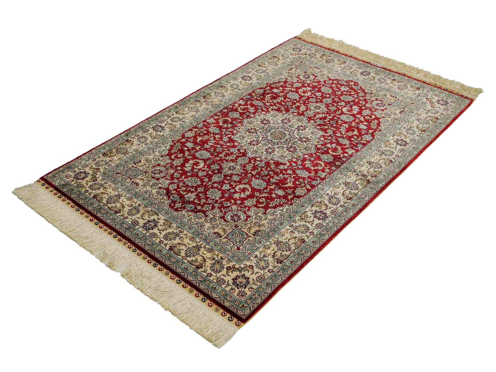 Sehr feiner, handgeknüpfter Khademi Orientteppich mit Ghom Design aus reiner Seide, rot, creme. 124x78 cm. Vertrieb durch Jupiter Intl.
