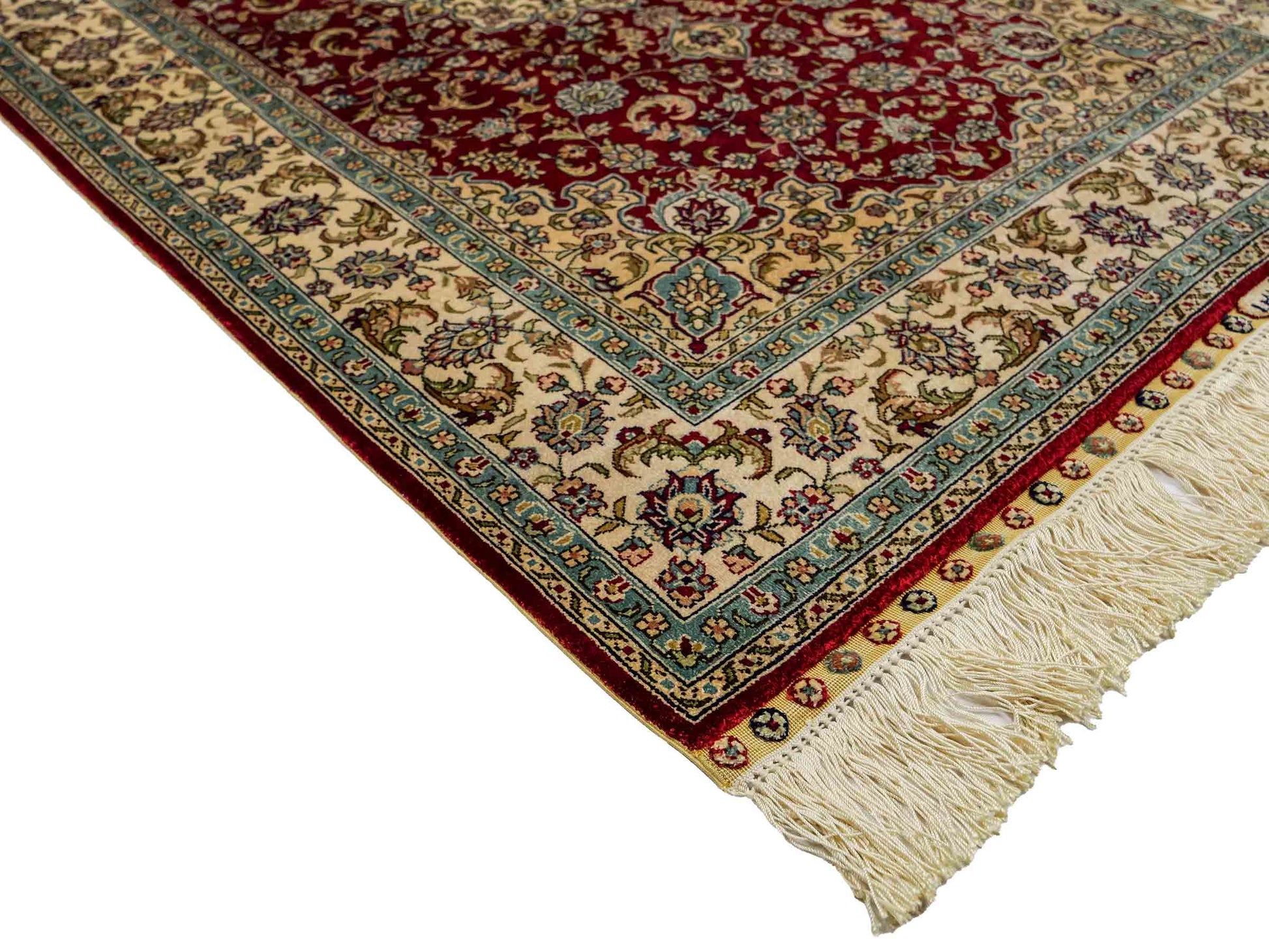 Sehr feiner, handgeknüpfter Khademi Orientteppich mit Ghom Design aus reiner Seide, rot, creme. 124x78 cm. Vertrieb durch Jupiter Intl.