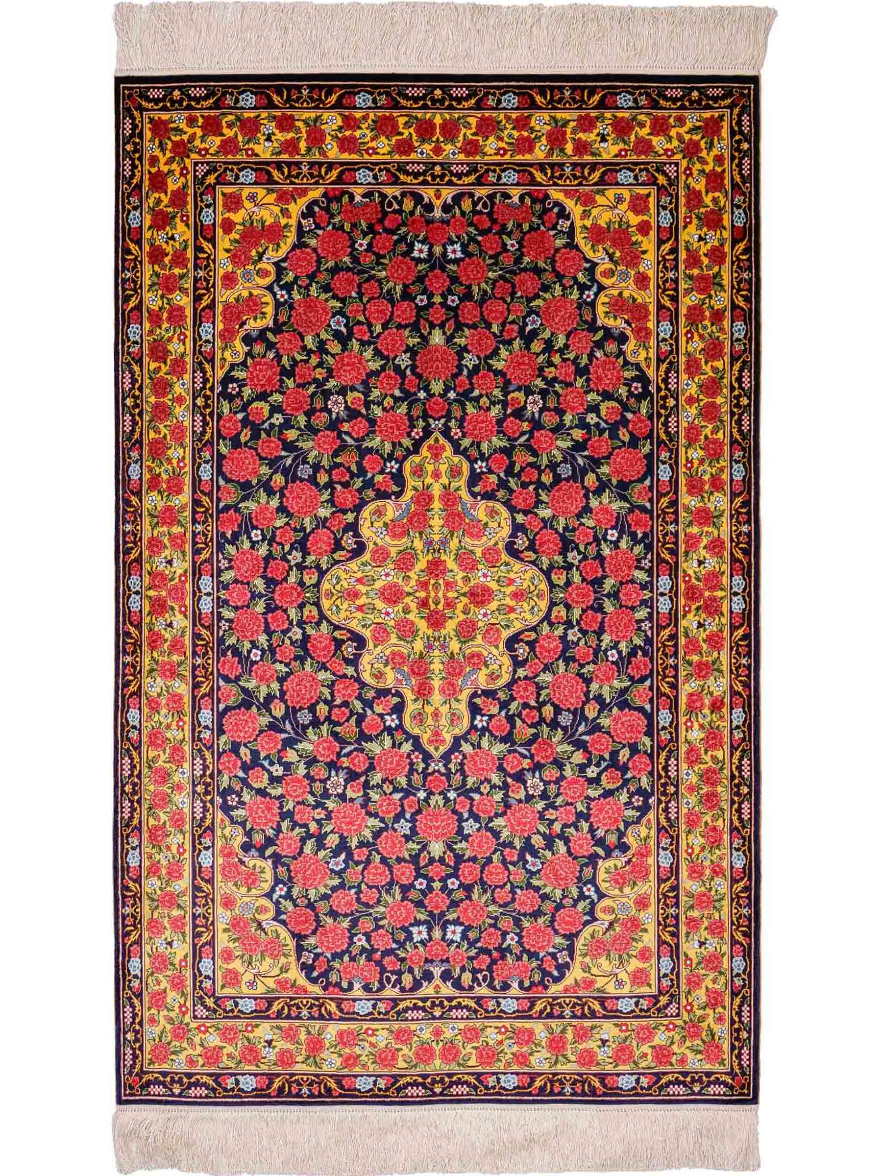 Sehr feiner, handgeknüpfter Khademi Orientteppich mit Ghom Design aus reiner Seide, blau, gelb, rot. 124x78 cm. Vertrieb durch Jupiter Intl.