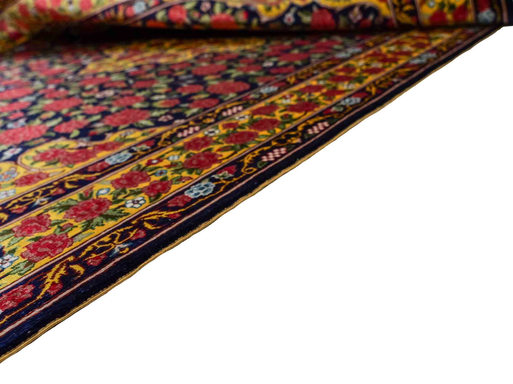 Sehr feiner, handgeknüpfter Khademi Orientteppich mit Ghom Design aus reiner Seide, blau, gelb, rot. 124x78 cm. Vertrieb durch Jupiter Intl.