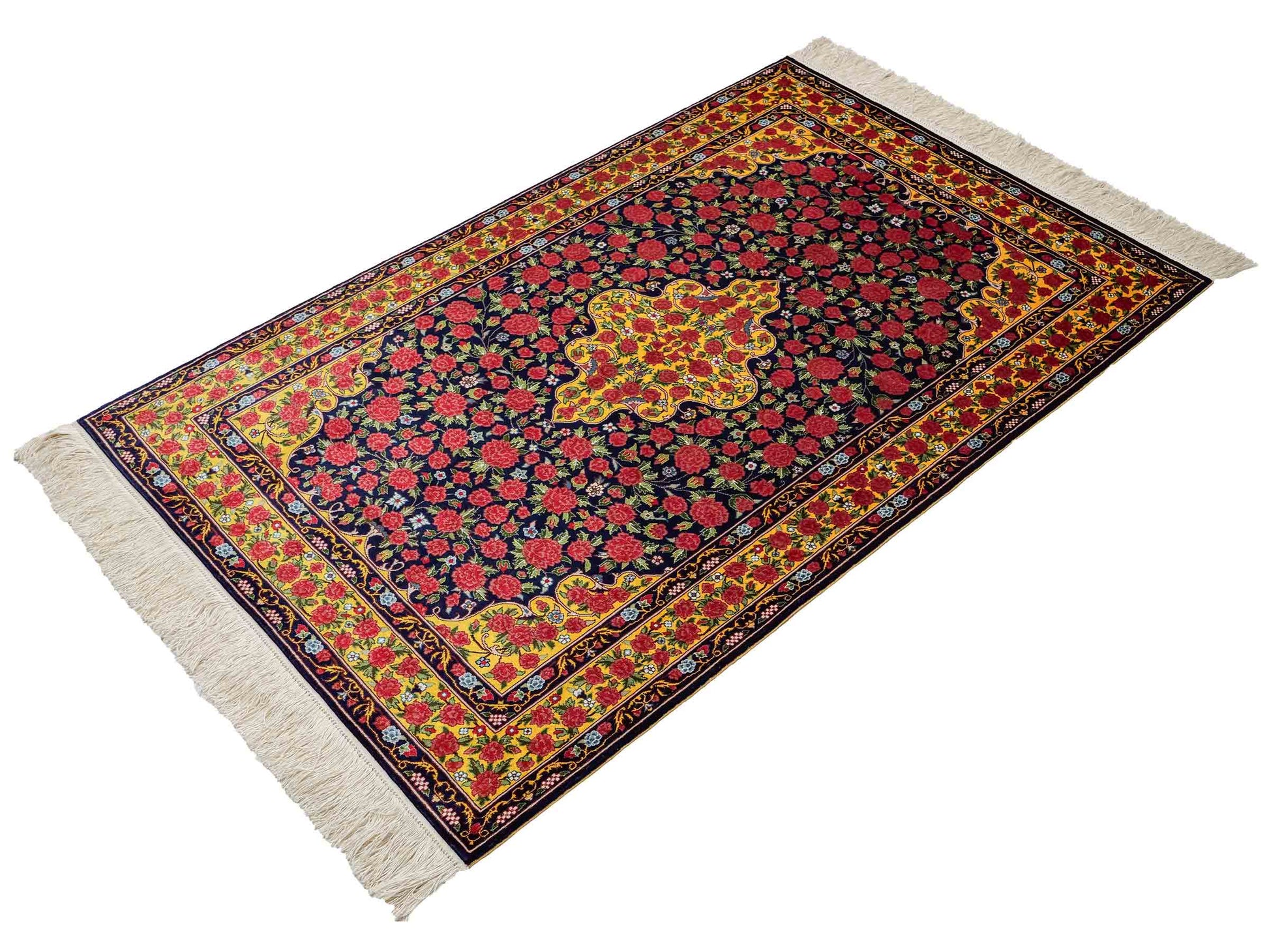 Sehr feiner, handgeknüpfter Khademi Orientteppich mit Ghom Design aus reiner Seide, blau, gelb, rot. 124x78 cm. Vertrieb durch Jupiter Intl.