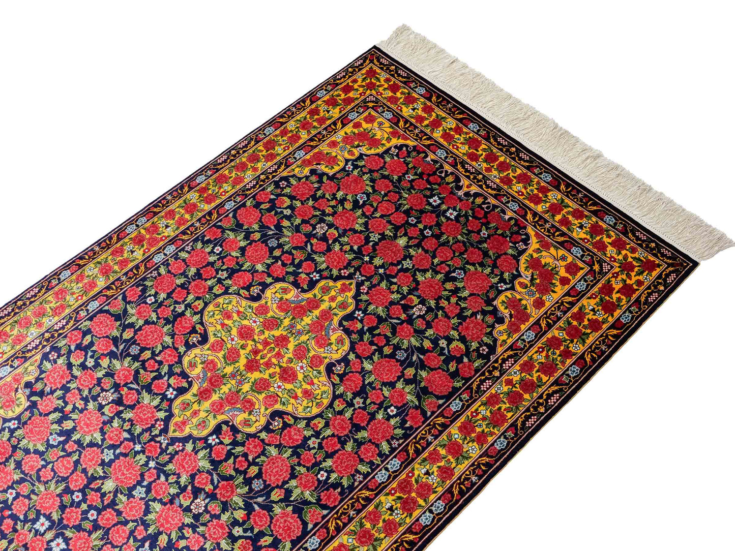 Sehr feiner, handgeknüpfter Khademi Orientteppich mit Ghom Design aus reiner Seide, blau, gelb, rot. 124x78 cm. Vertrieb durch Jupiter Intl.