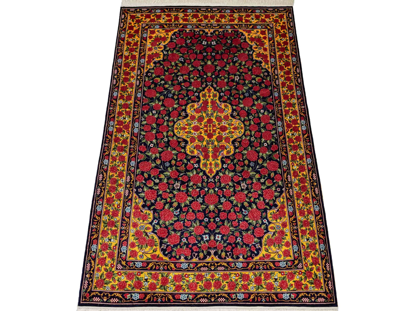 Sehr feiner, handgeknüpfter Khademi Orientteppich mit Ghom Design aus reiner Seide, blau, gelb, rot. 124x78 cm. Vertrieb durch Jupiter Intl.