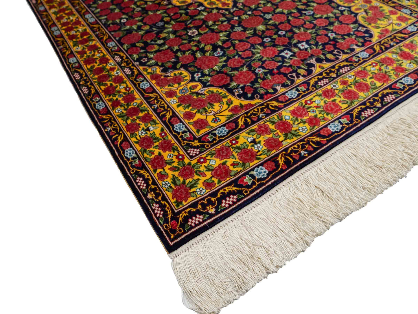 Sehr feiner, handgeknüpfter Khademi Orientteppich mit Ghom Design aus reiner Seide, blau, gelb, rot. 124x78 cm. Vertrieb durch Jupiter Intl.