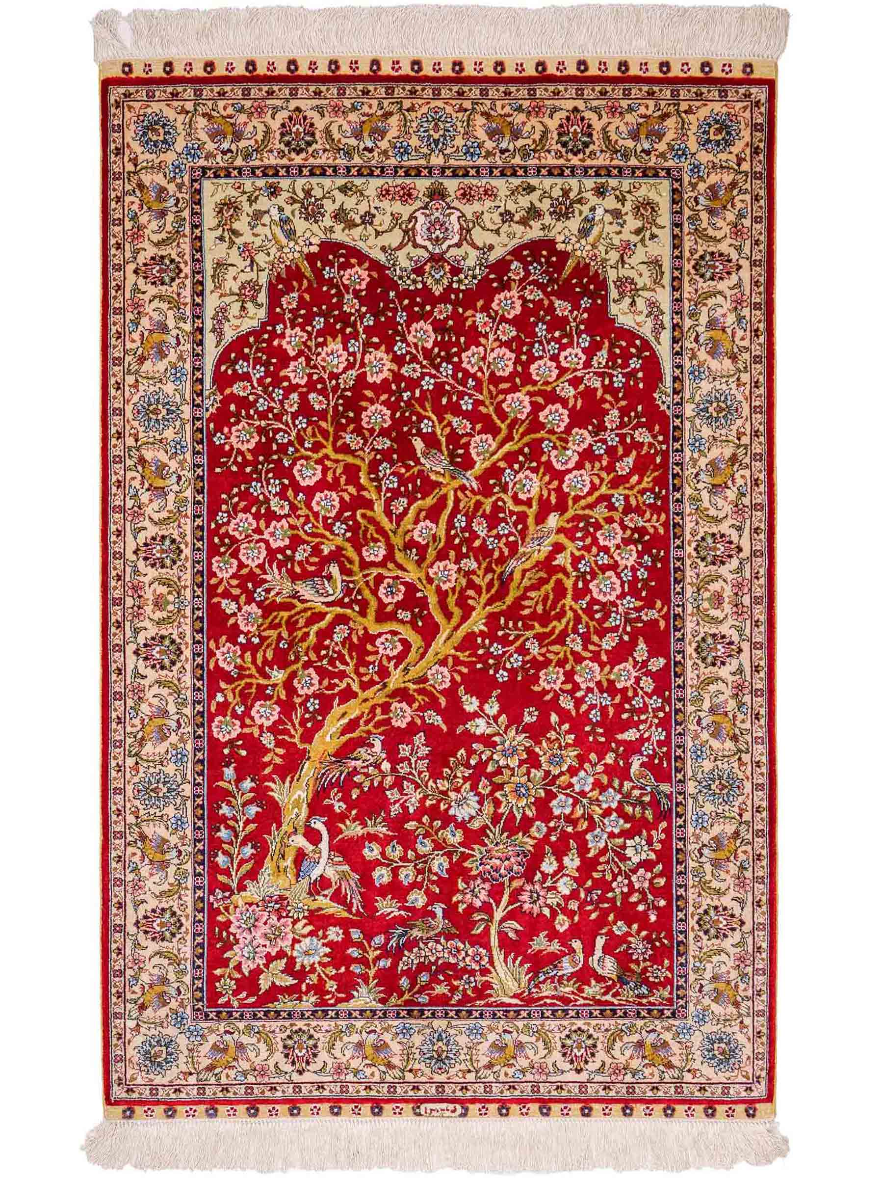 Sehr feiner, handgeknüpfter Khademi Orientteppich mit Ghom Design aus reiner Seide, rot, creme. 124x79 cm. Vertrieb durch Jupiter Intl.