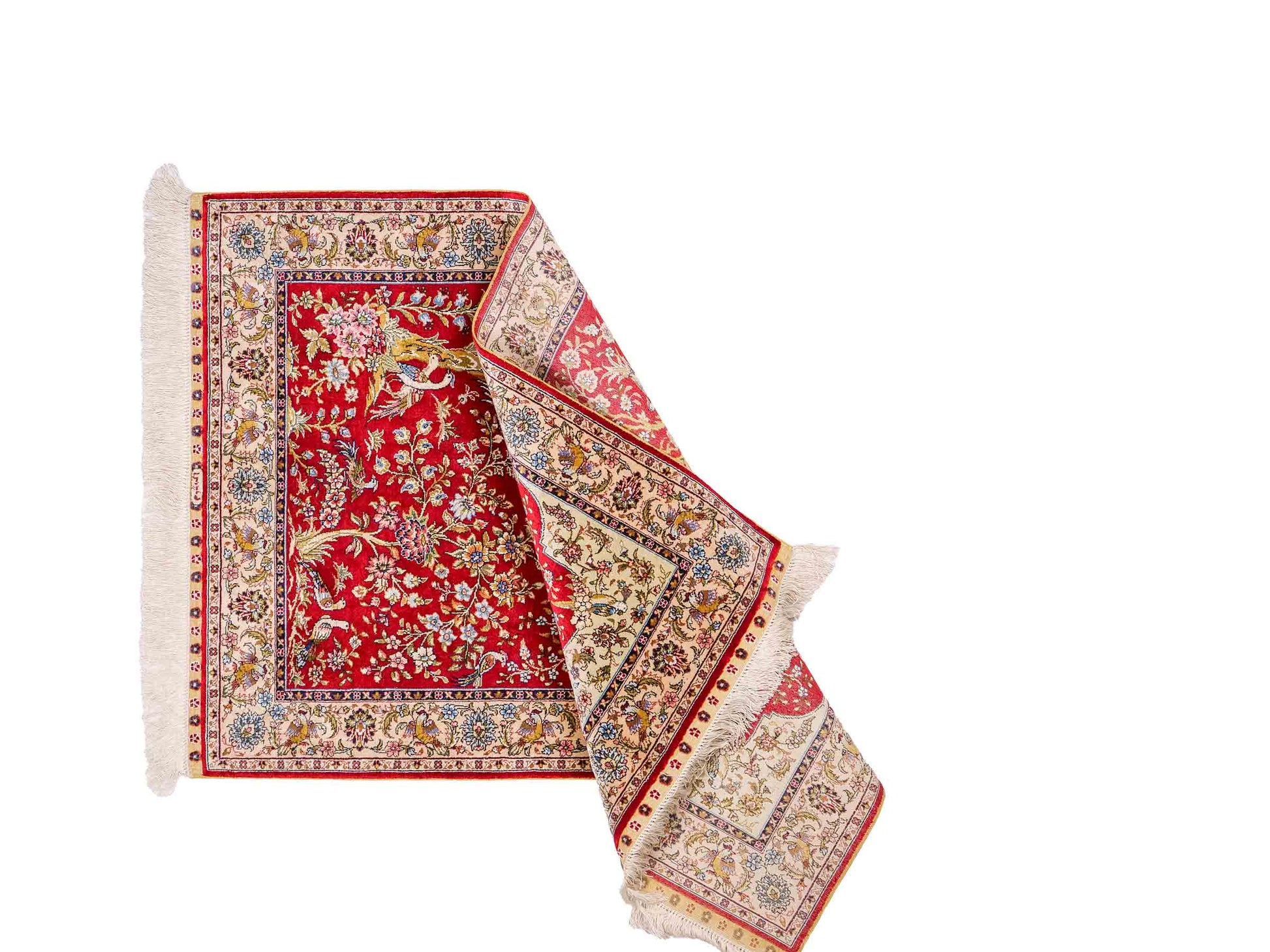 Sehr feiner, handgeknüpfter Khademi Orientteppich mit Ghom Design aus reiner Seide, rot, creme. 124x79 cm. Vertrieb durch Jupiter Intl.