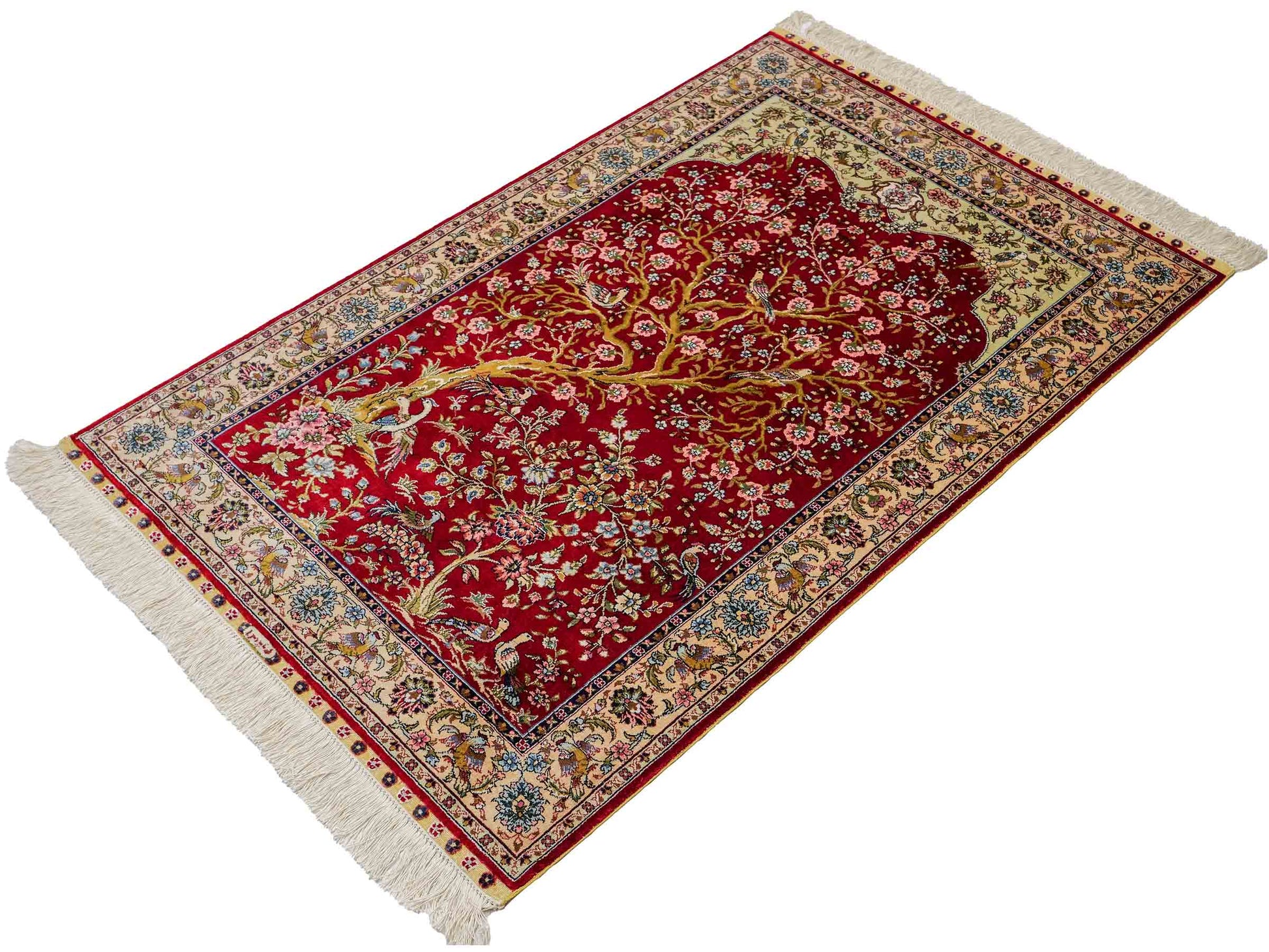 Sehr feiner, handgeknüpfter Khademi Orientteppich mit Ghom Design aus reiner Seide, rot, creme. 124x79 cm. Vertrieb durch Jupiter Intl.