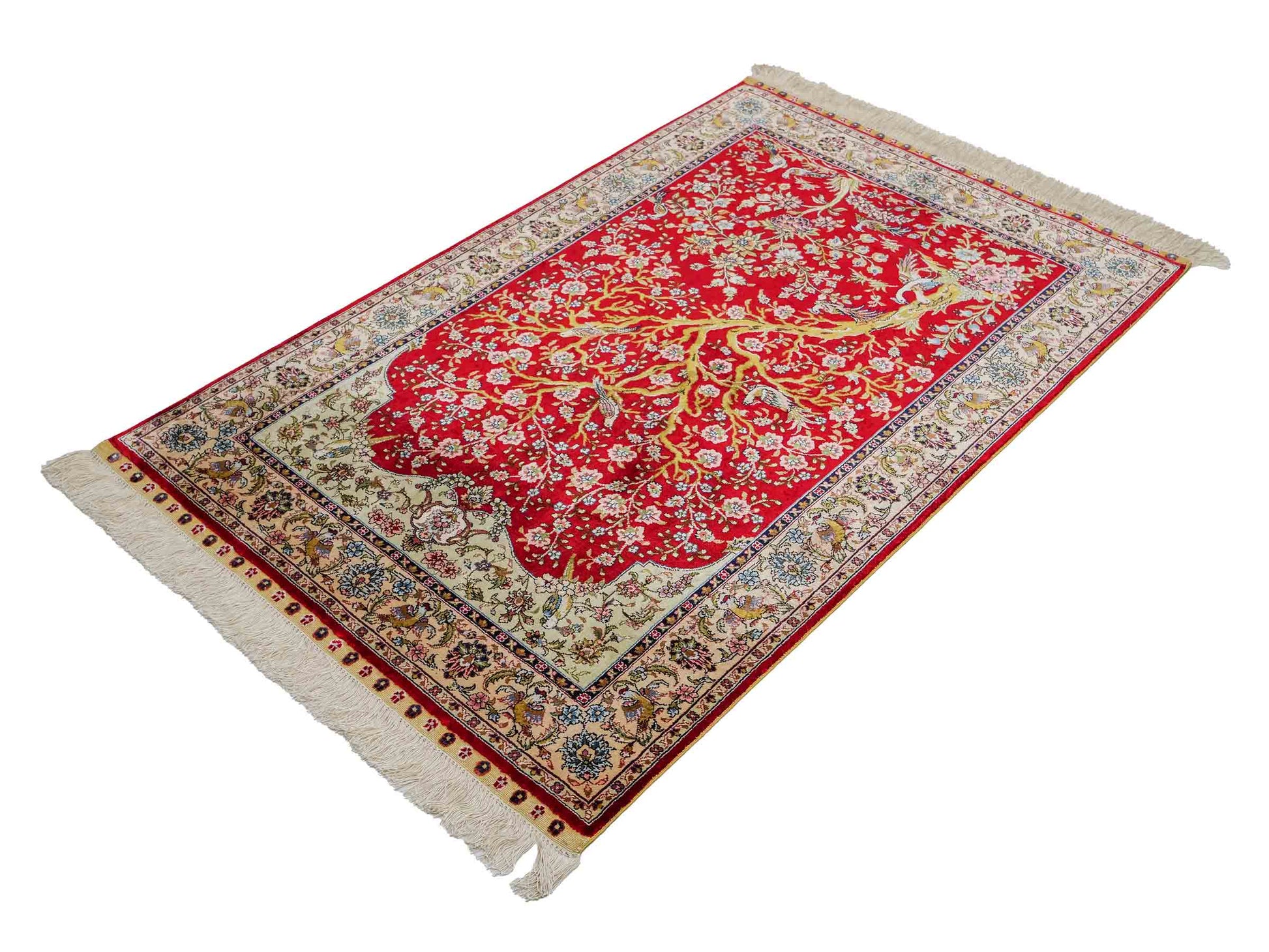 Sehr feiner, handgeknüpfter Khademi Orientteppich mit Ghom Design aus reiner Seide, rot, creme. 124x79 cm. Vertrieb durch Jupiter Intl.