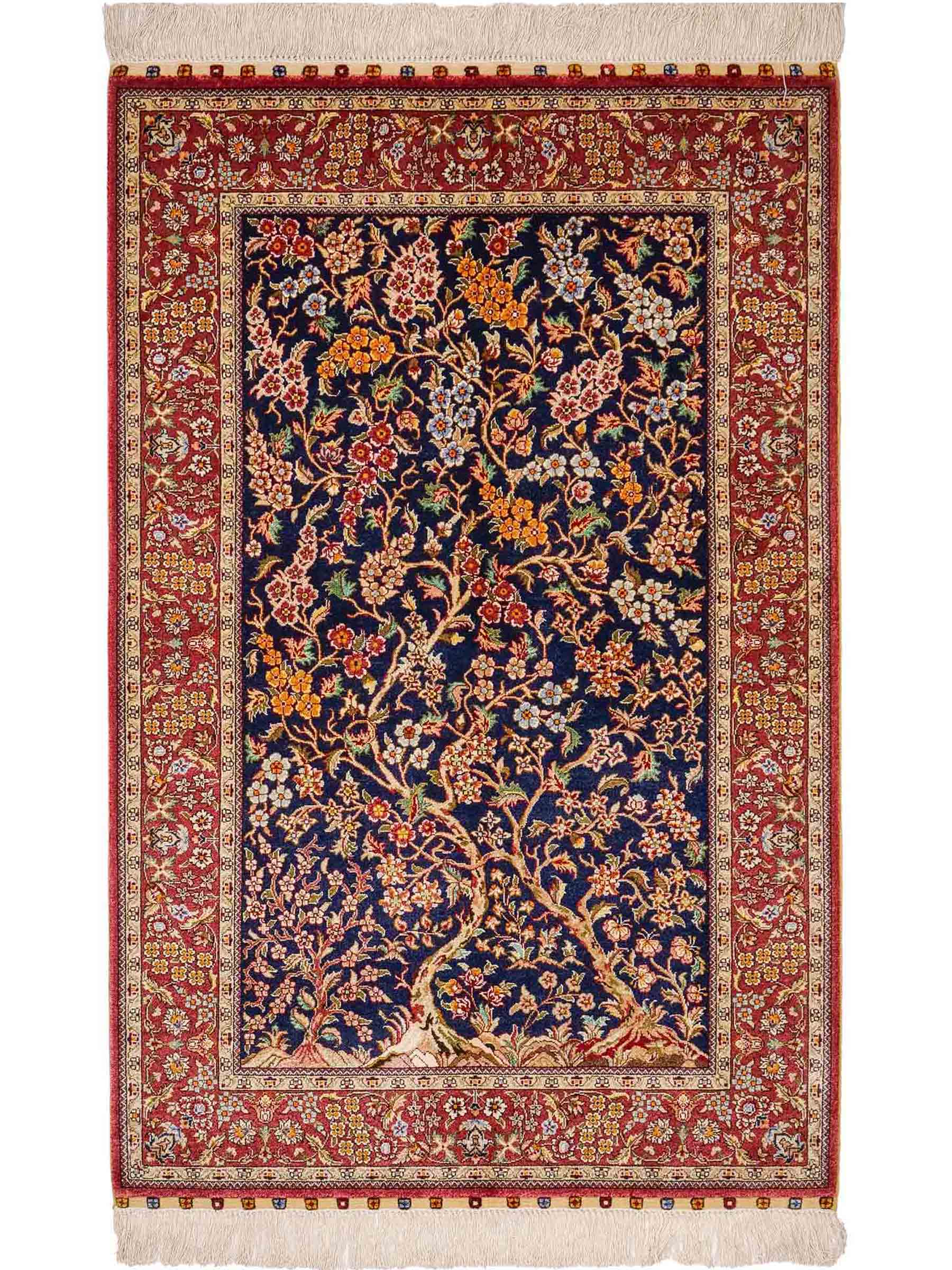Sehr feiner, handgeknüpfter Khademi Orientteppich mit Ghom Design aus reiner Seide, blau, rot. 124x79 cm. Vertrieb durch Jupiter Intl.