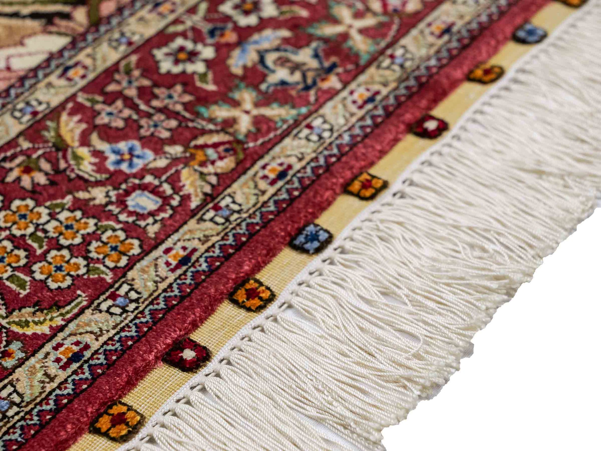 Sehr feiner, handgeknüpfter Khademi Orientteppich mit Ghom Design aus reiner Seide, blau, rot. 124x79 cm. Vertrieb durch Jupiter Intl.