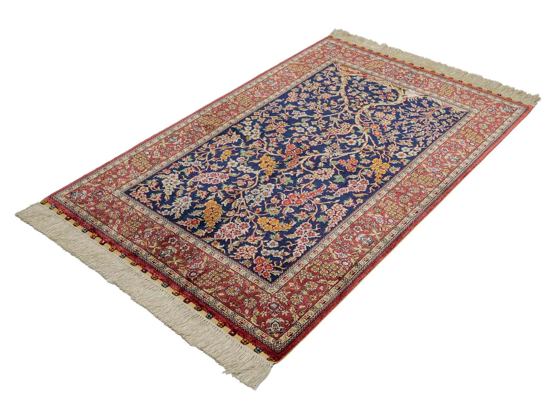 Sehr feiner, handgeknüpfter Khademi Orientteppich mit Ghom Design aus reiner Seide, blau, rot. 124x79 cm. Vertrieb durch Jupiter Intl.