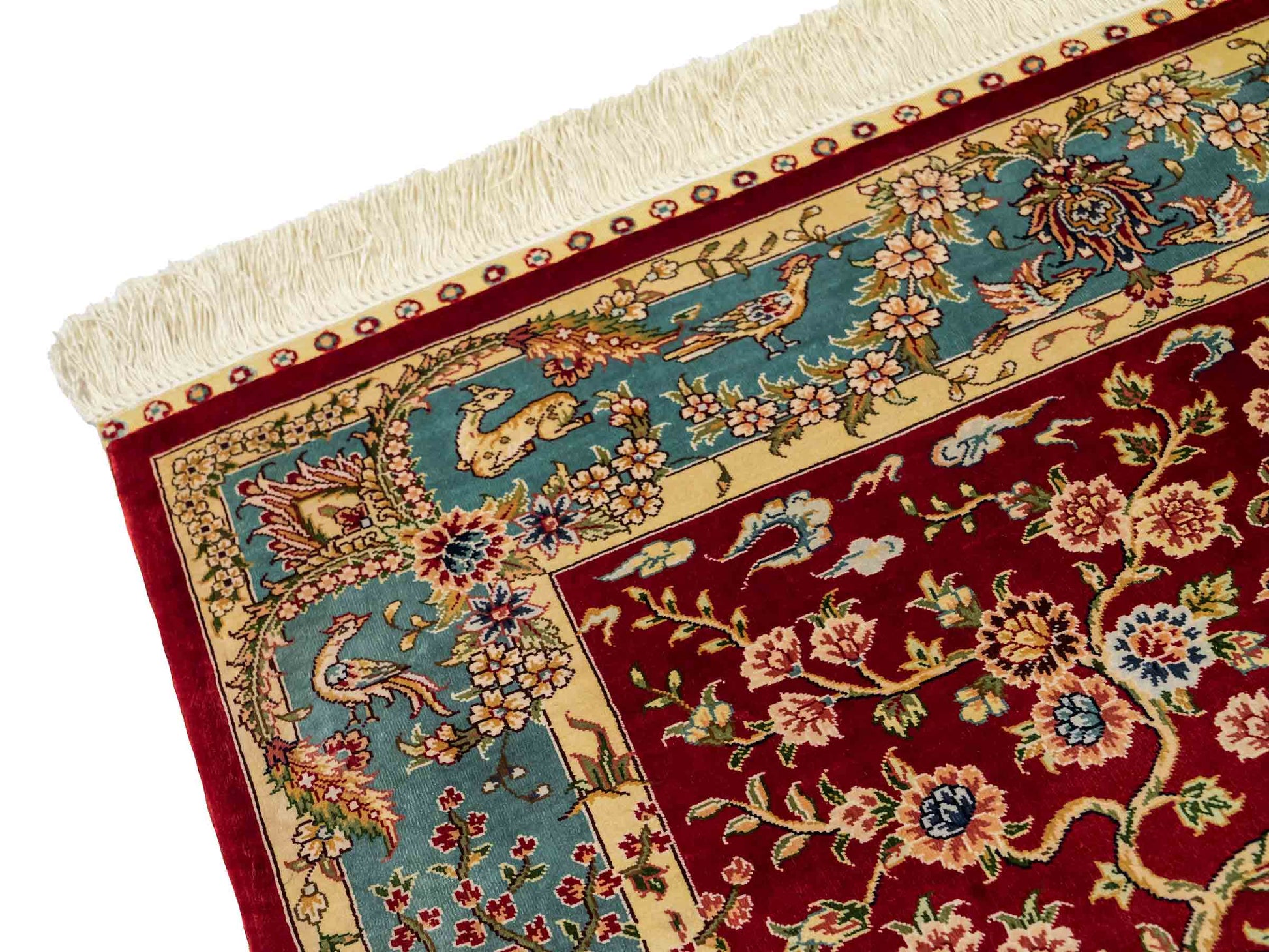 Sehr feiner, handgeknüpfter Khademi Orientteppich mit Ghom Design aus reiner Seide, rot, blau, creme. 124x79 cm. Vertrieb durch Jupiter Intl.