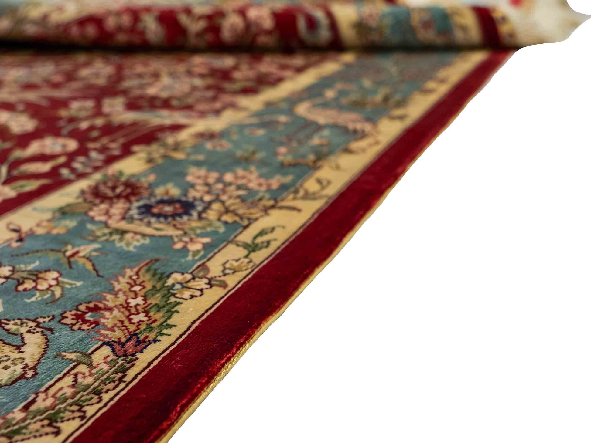 Sehr feiner, handgeknüpfter Khademi Orientteppich mit Ghom Design aus reiner Seide, rot, blau, creme. 124x79 cm. Vertrieb durch Jupiter Intl.